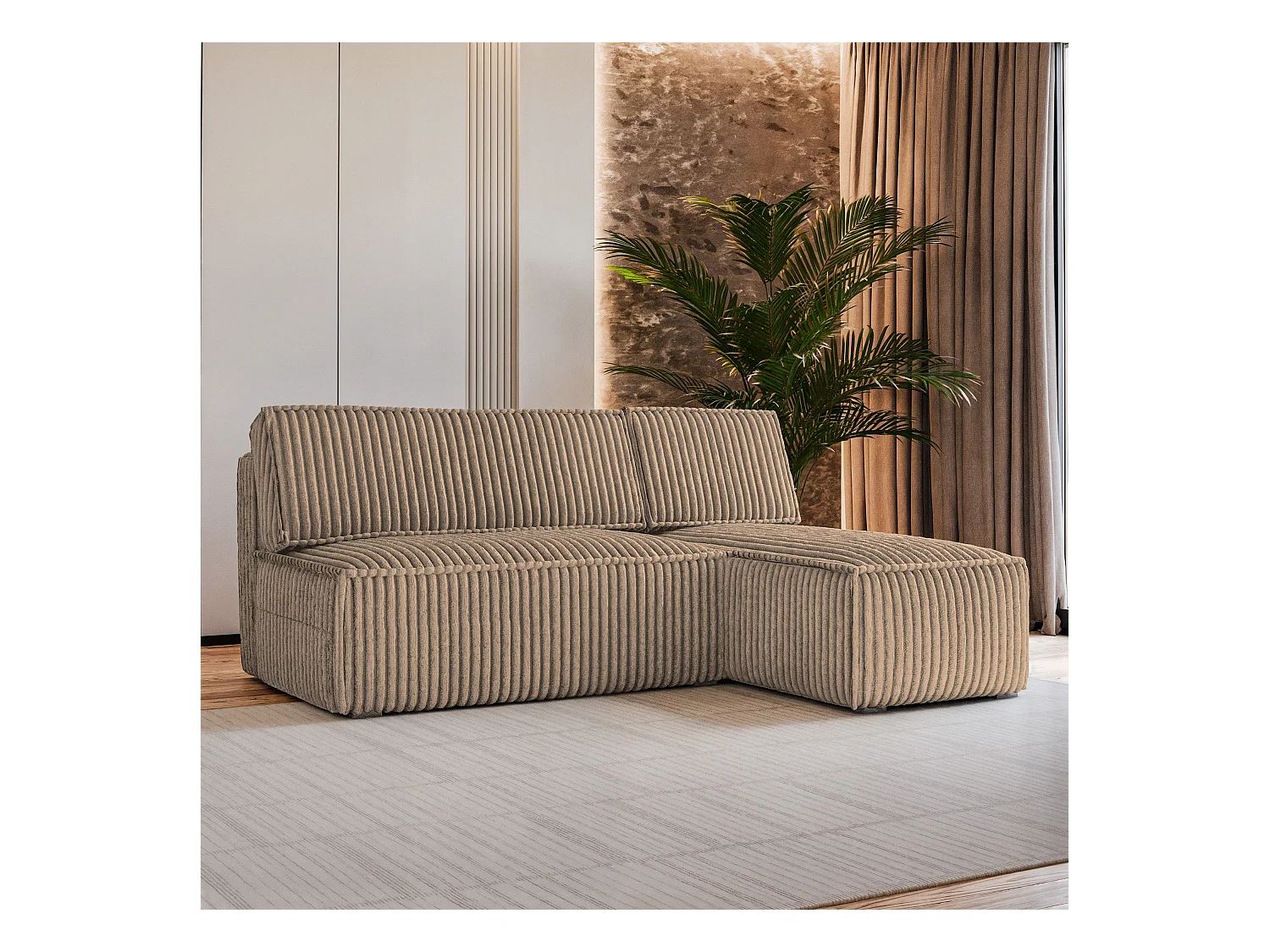 Canapé d'angle BRISO Beige en velours côtelé avec fonction de couchage