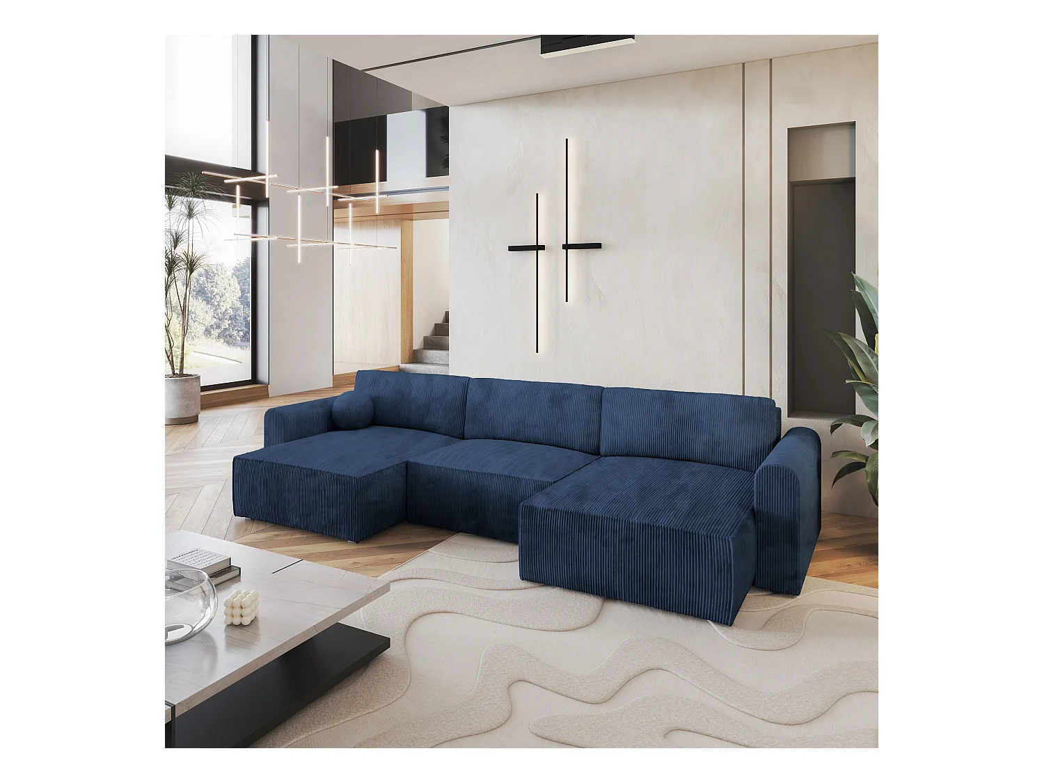 Canapé d'angle FENTO Bleu en velours côtelé avec fonction de couchage