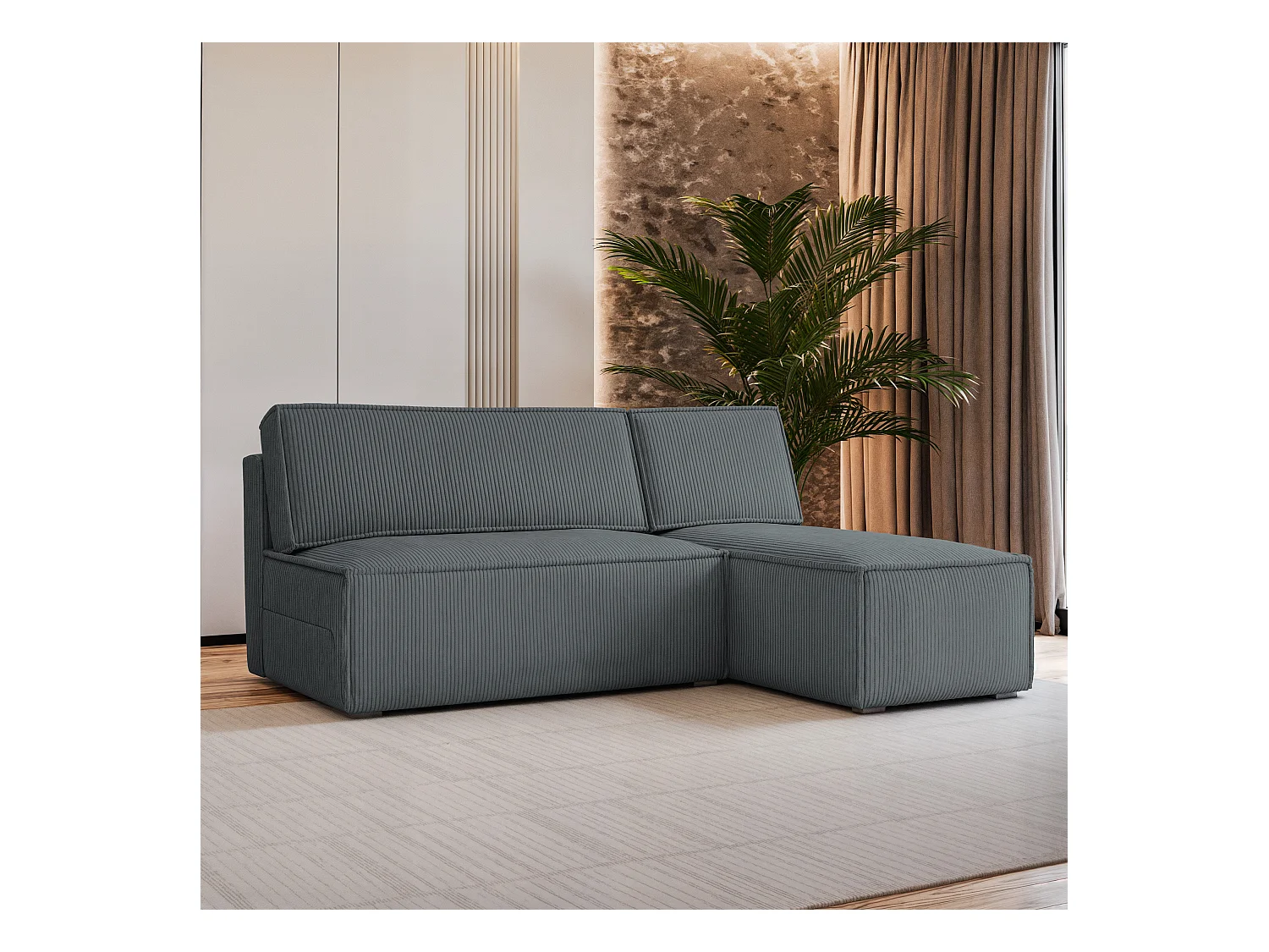 Canapé d'angle BRISO Gris en velours côtelé avec fonction de couchage