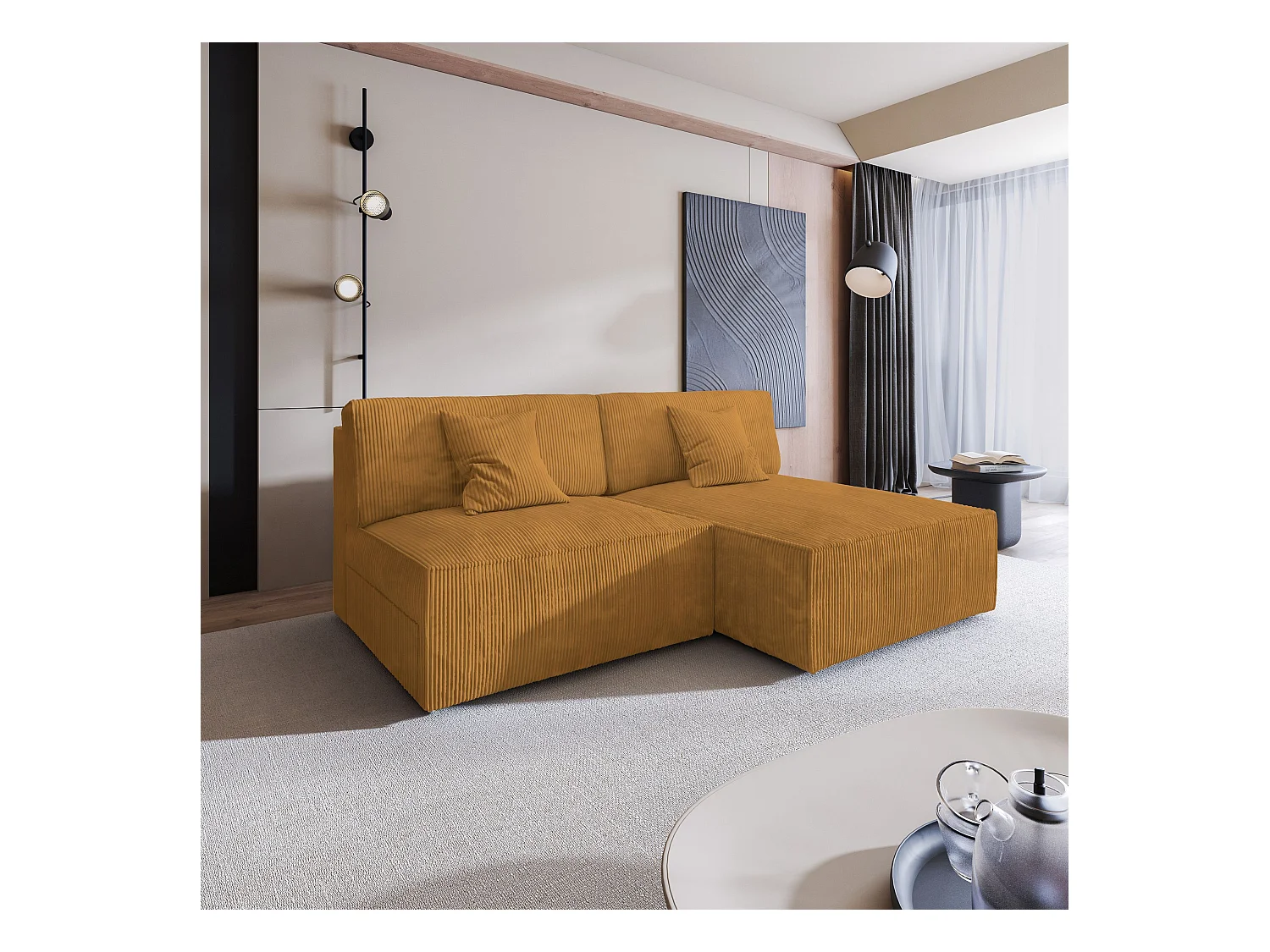 Canapé d'angle FIORO Jaune en velours côtelé avec fonction de couchage