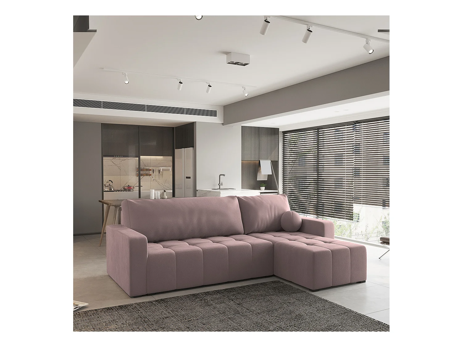 Canapé d'angle VOLIRA Rose poudré en peluche avec fonction de couchage