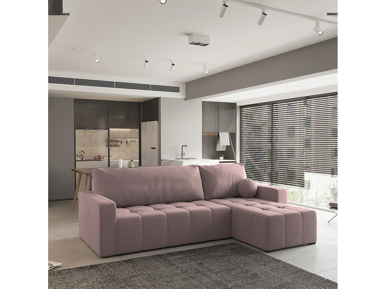 Canapé d'angle VOLIRA Rose poudré en peluche avec fonction de couchage