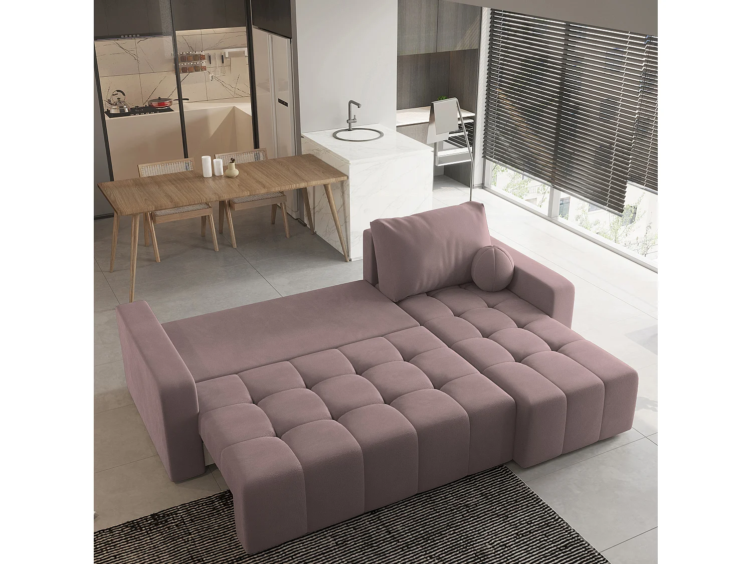 Canapé d'angle VOLIRA Rose poudré en peluche avec fonction de couchage