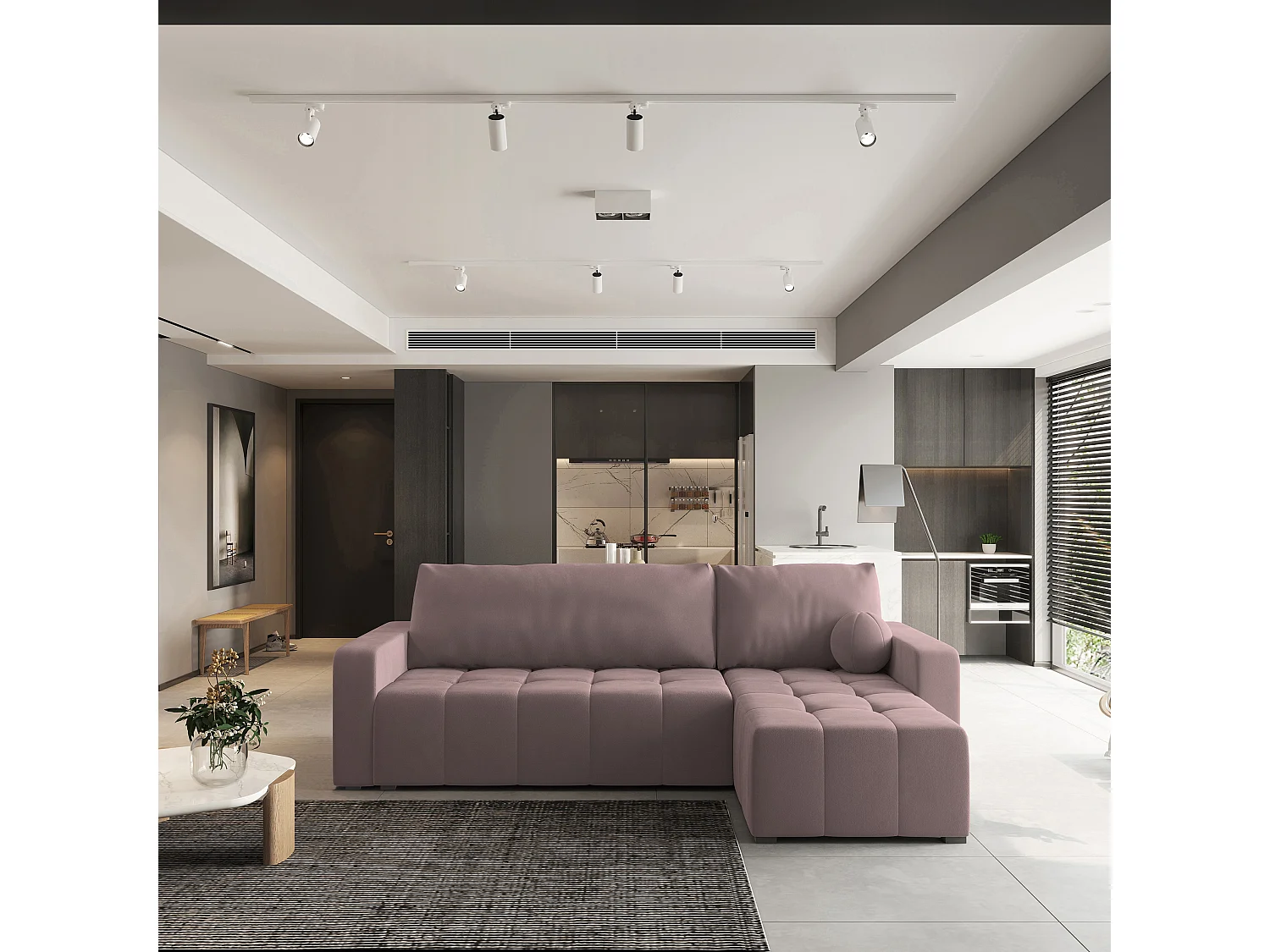 Canapé d'angle VOLIRA Rose poudré en peluche avec fonction de couchage