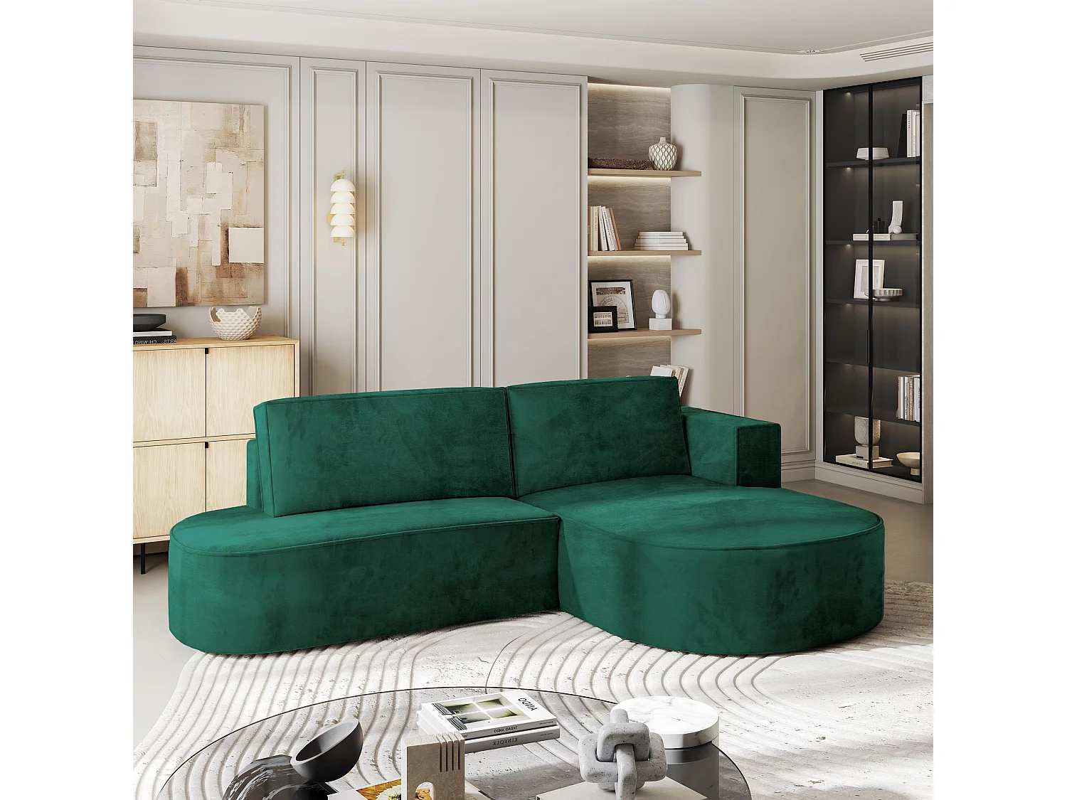 Canapé d'angle CORTIO Vert Sapin en velours avec fonction de couchage