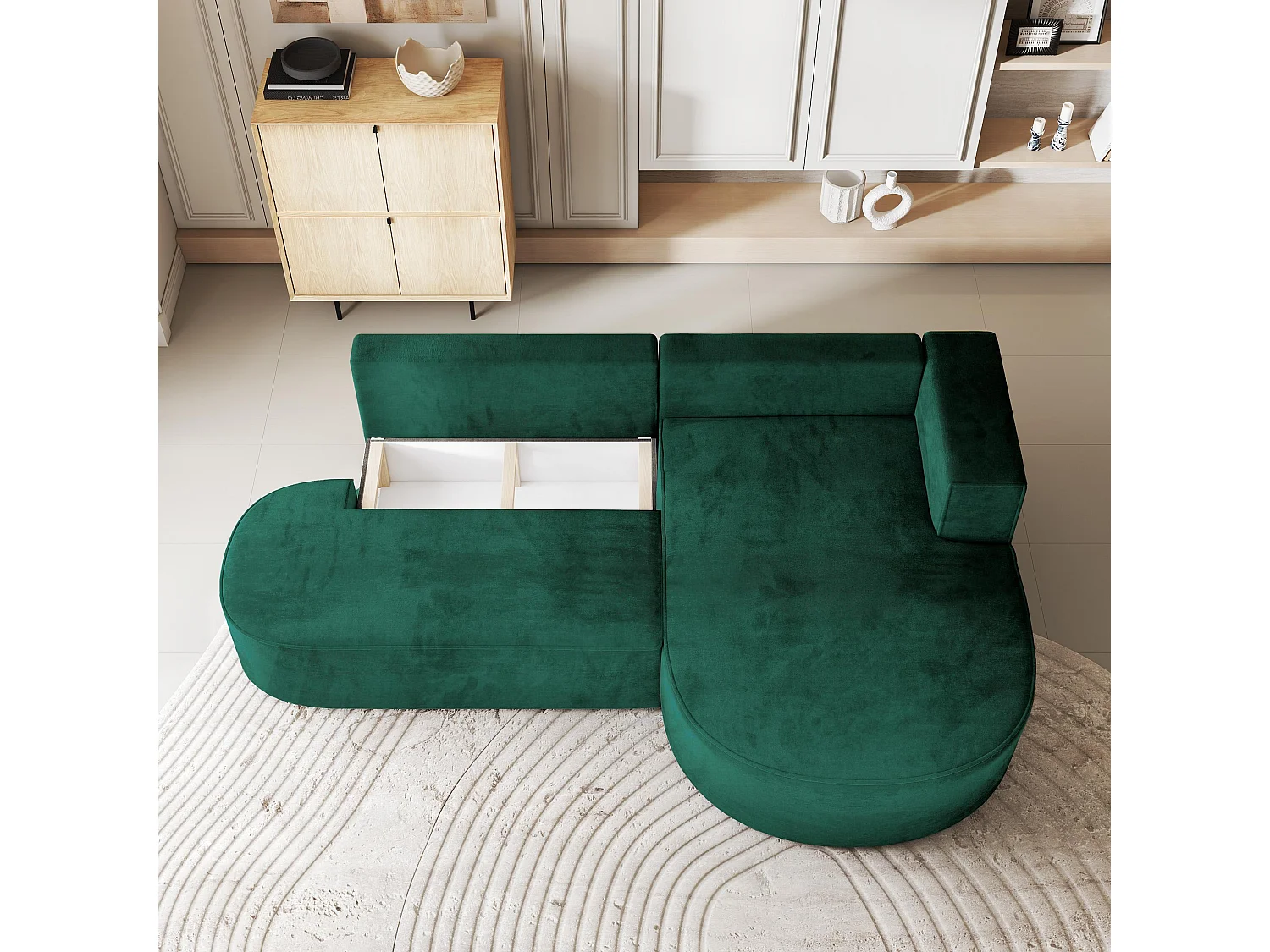 Canapé d'angle CORTIO Vert Sapin en velours avec fonction de couchage