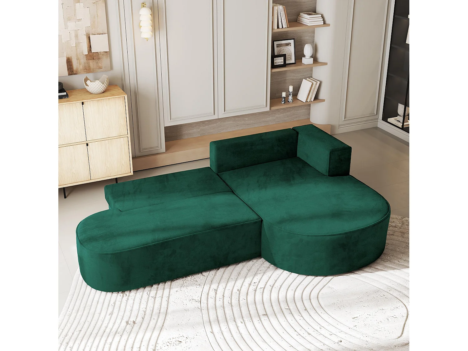 Canapé d'angle CORTIO Vert Sapin en velours avec fonction de couchage