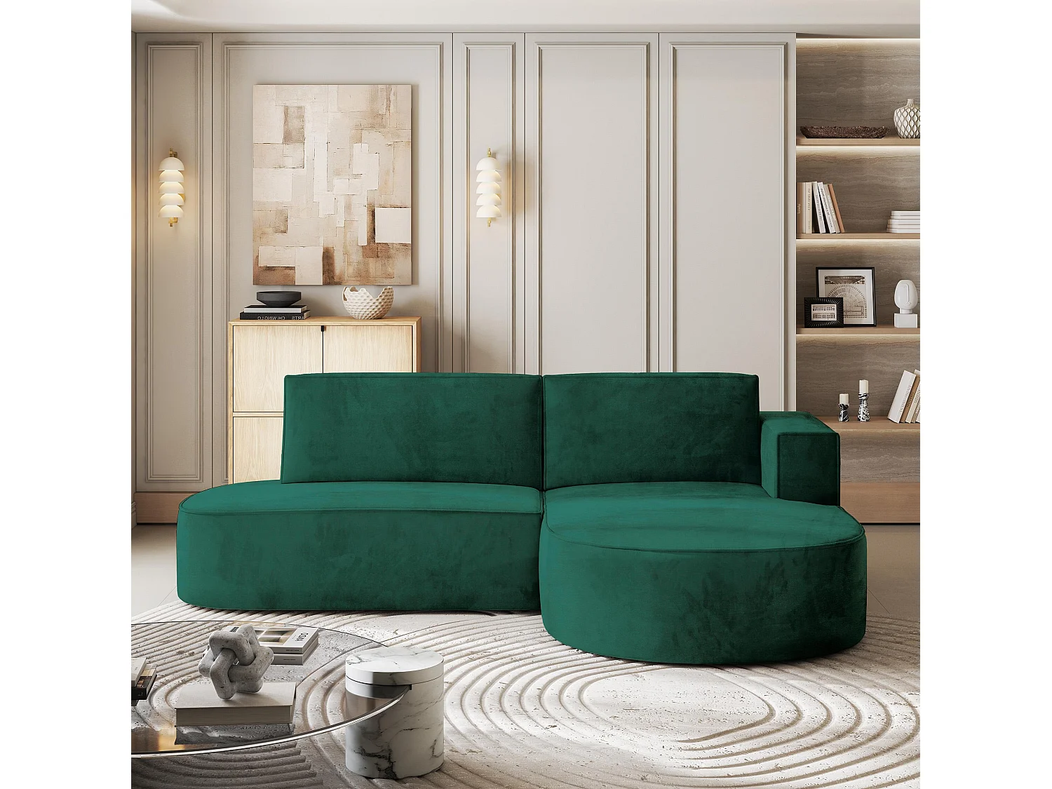 Canapé d'angle CORTIO Vert Sapin en velours avec fonction de couchage