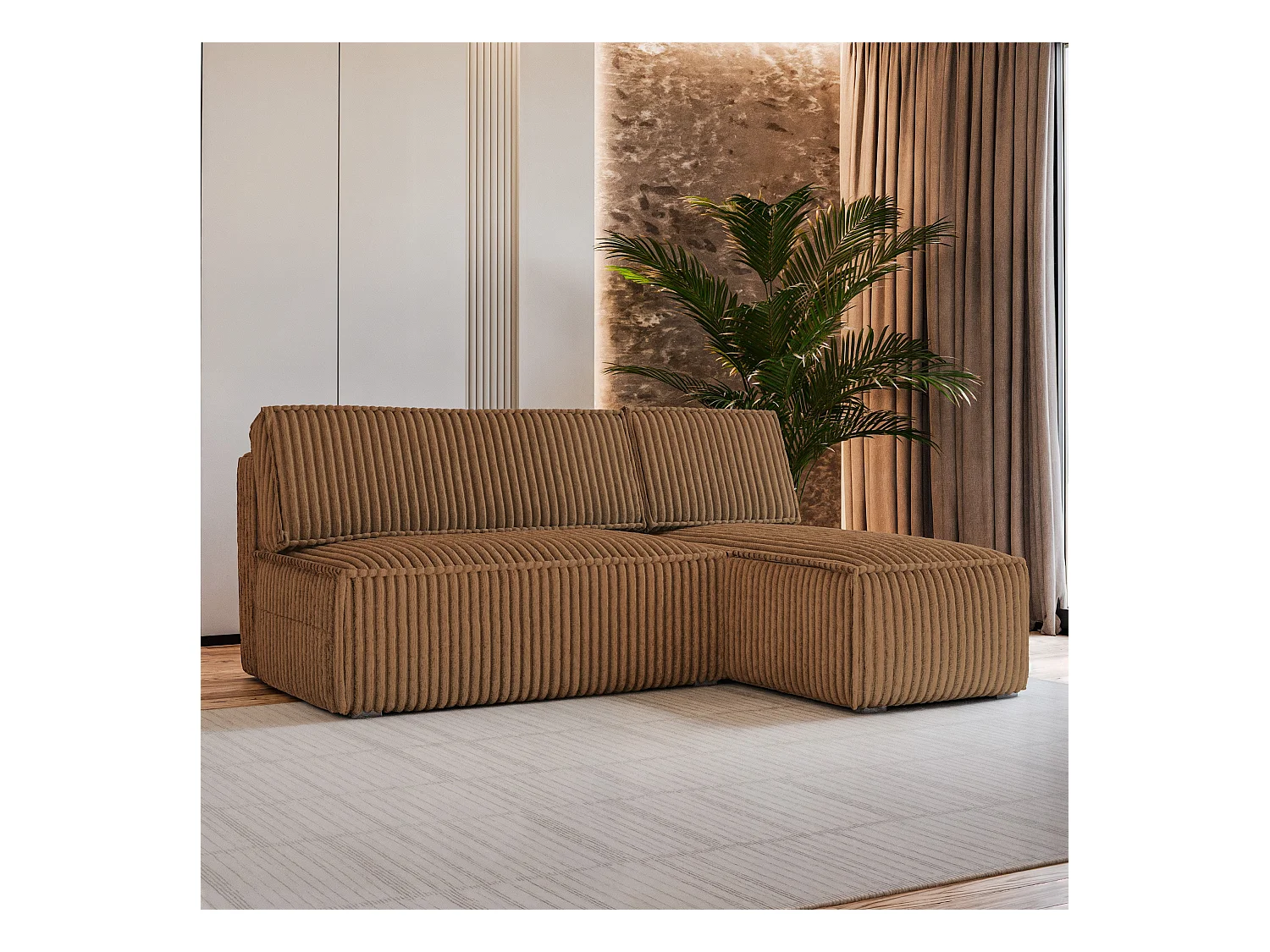 Canapé d'angle BRISO Cuivré en velours côtelé avec fonction de couchage