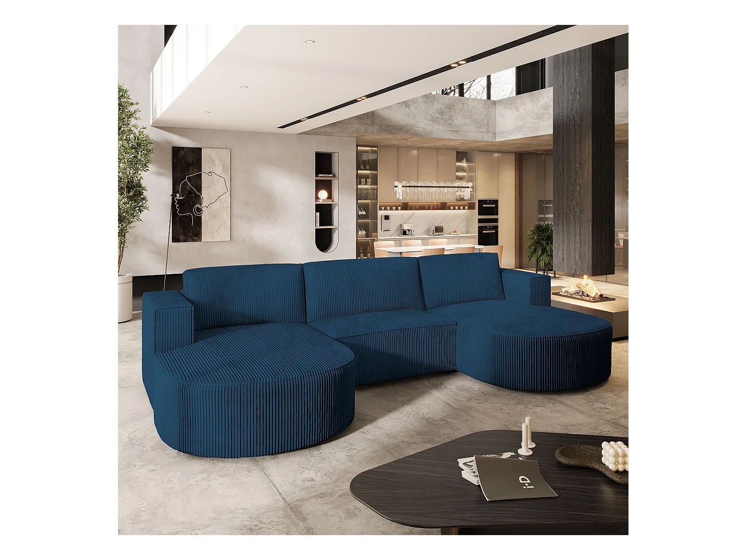 Canapé d'angle VEZZO Bleu en velours côtelé avec fonction de couchage