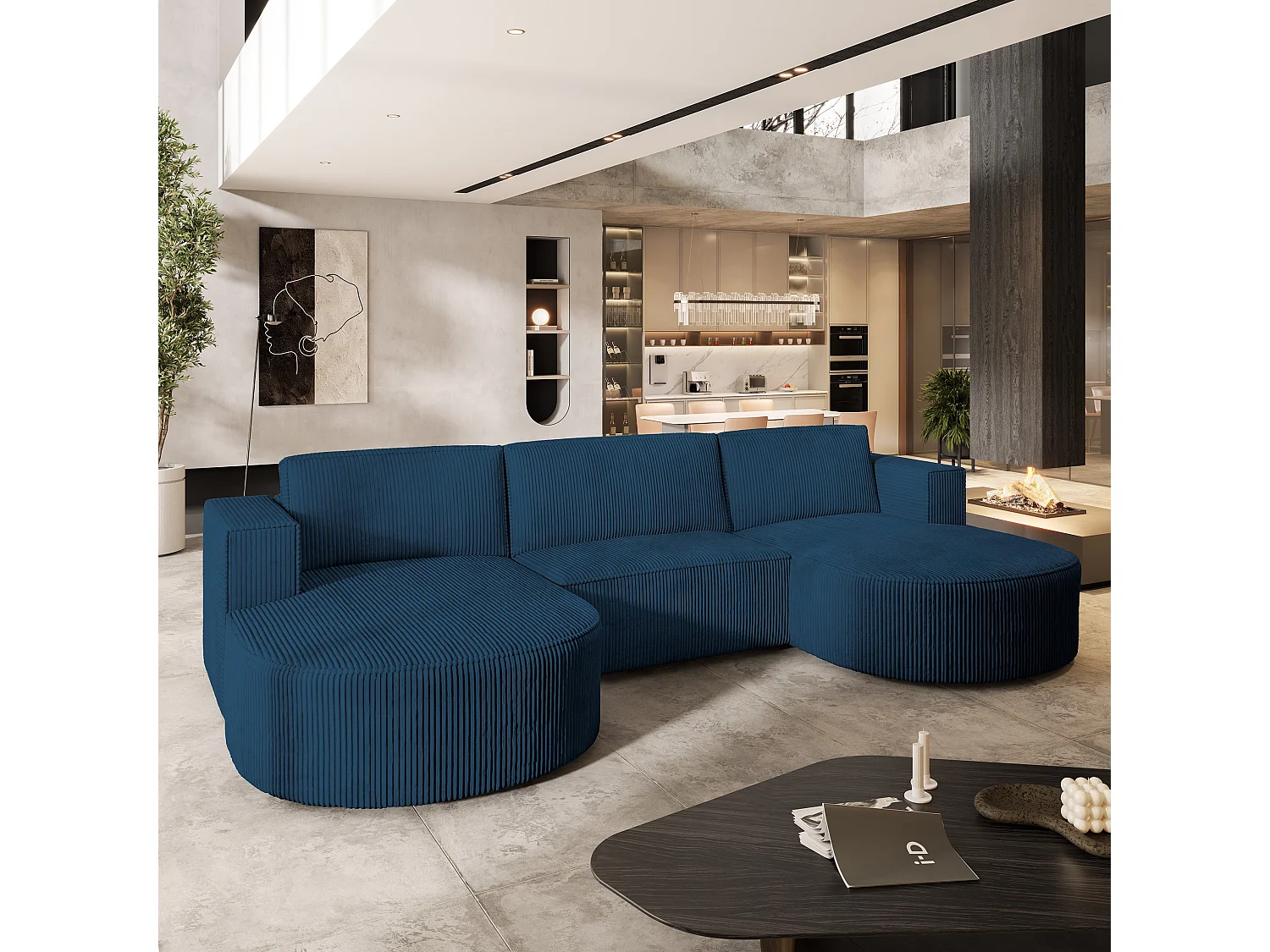 Canapé d'angle VEZZO Bleu en velours côtelé avec fonction de couchage