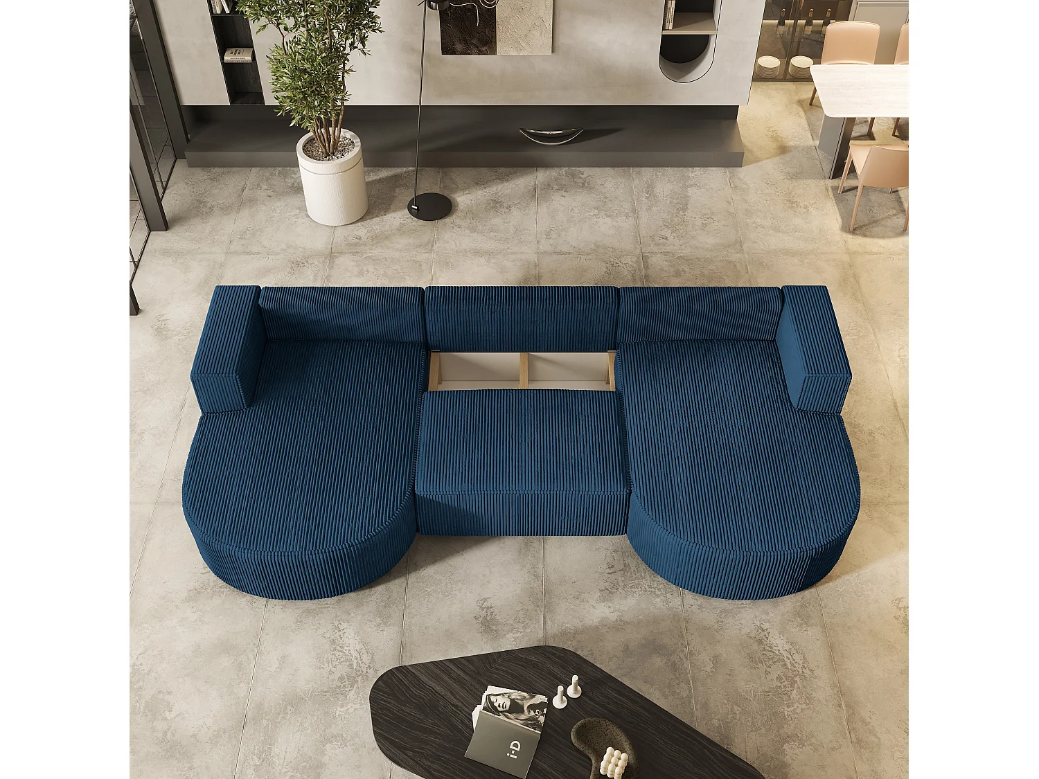 Canapé d'angle VEZZO Bleu en velours côtelé avec fonction de couchage