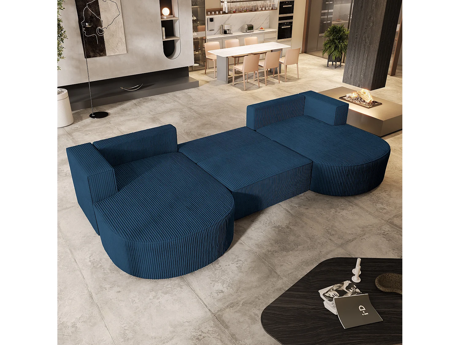 Canapé d'angle VEZZO Bleu en velours côtelé avec fonction de couchage