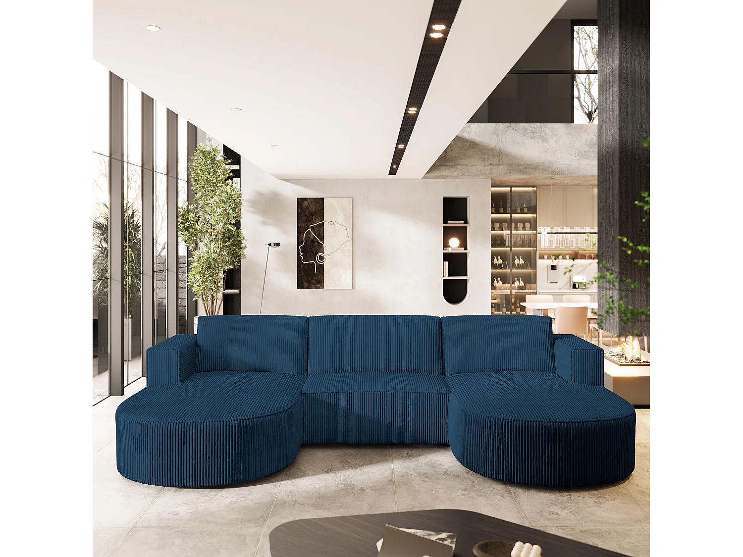 Canapé d'angle VEZZO Bleu en velours côtelé avec fonction de couchage