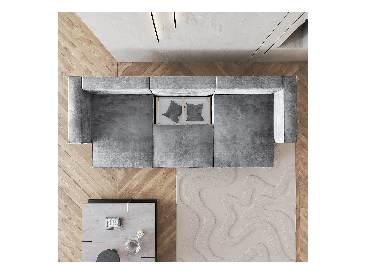 Canapé d'angle SARMO Gris en velours avec fonction de couchage