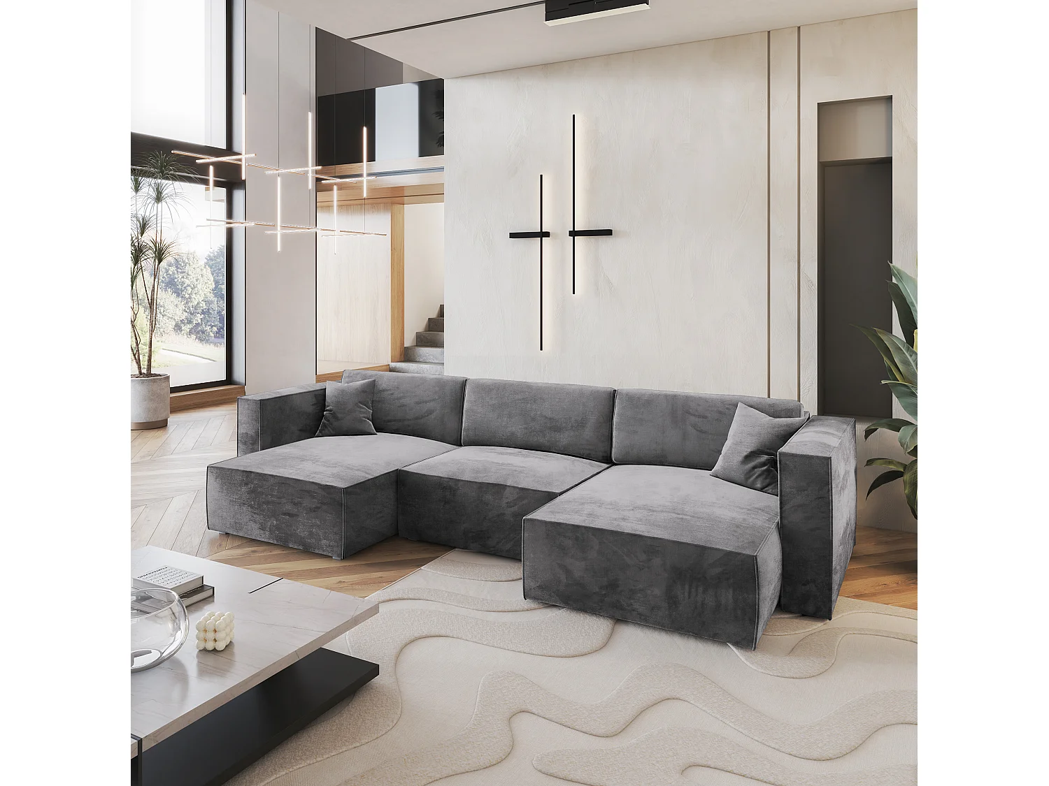 Canapé d'angle SARMO Gris en velours avec fonction de couchage