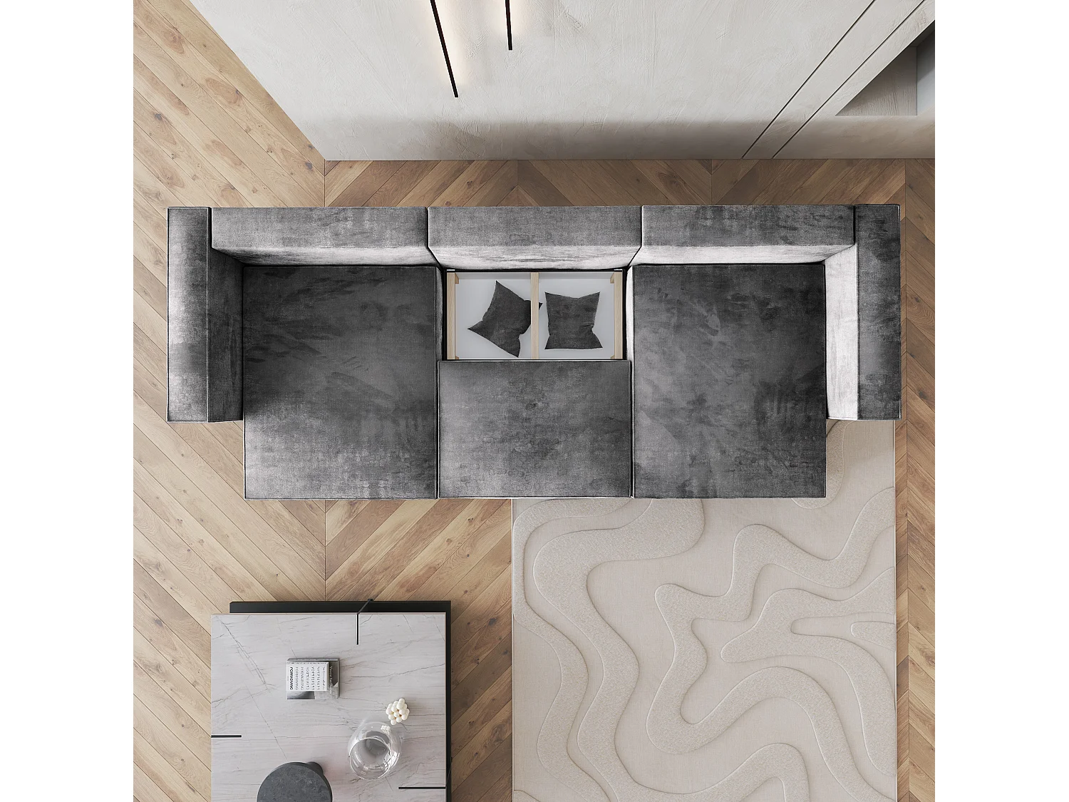 Canapé d'angle SARMO Gris en velours avec fonction de couchage