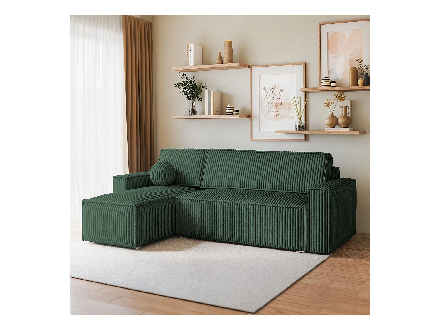 Canapé d'angle RAVELO Vert Sapin en velours côtelé avec fonction de couchage