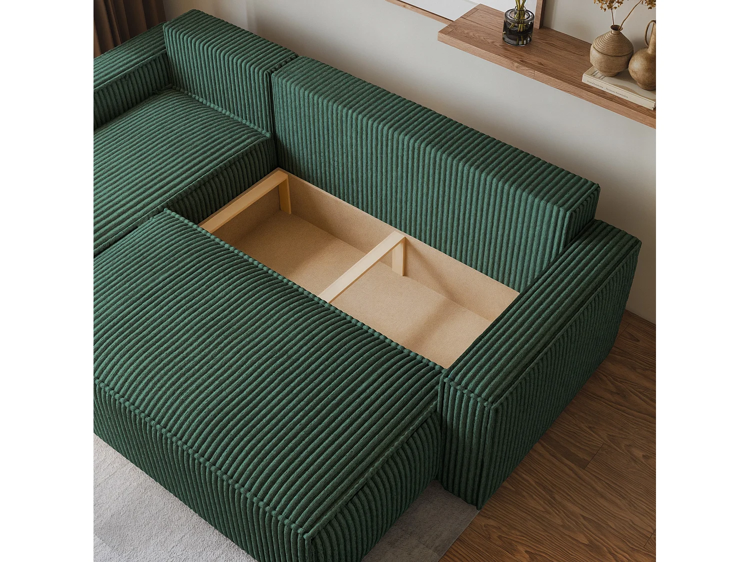 Canapé d'angle RAVELO Vert Sapin en velours côtelé avec fonction de couchage