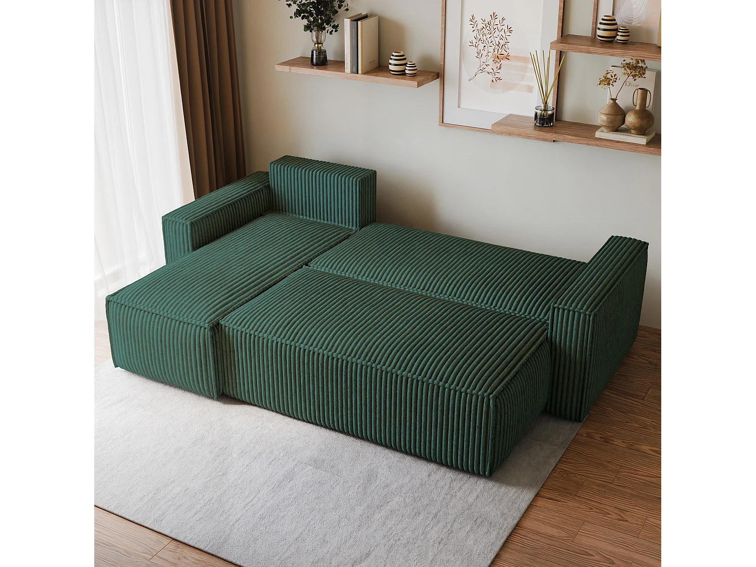 Canapé d'angle RAVELO Vert Sapin en velours côtelé avec fonction de couchage