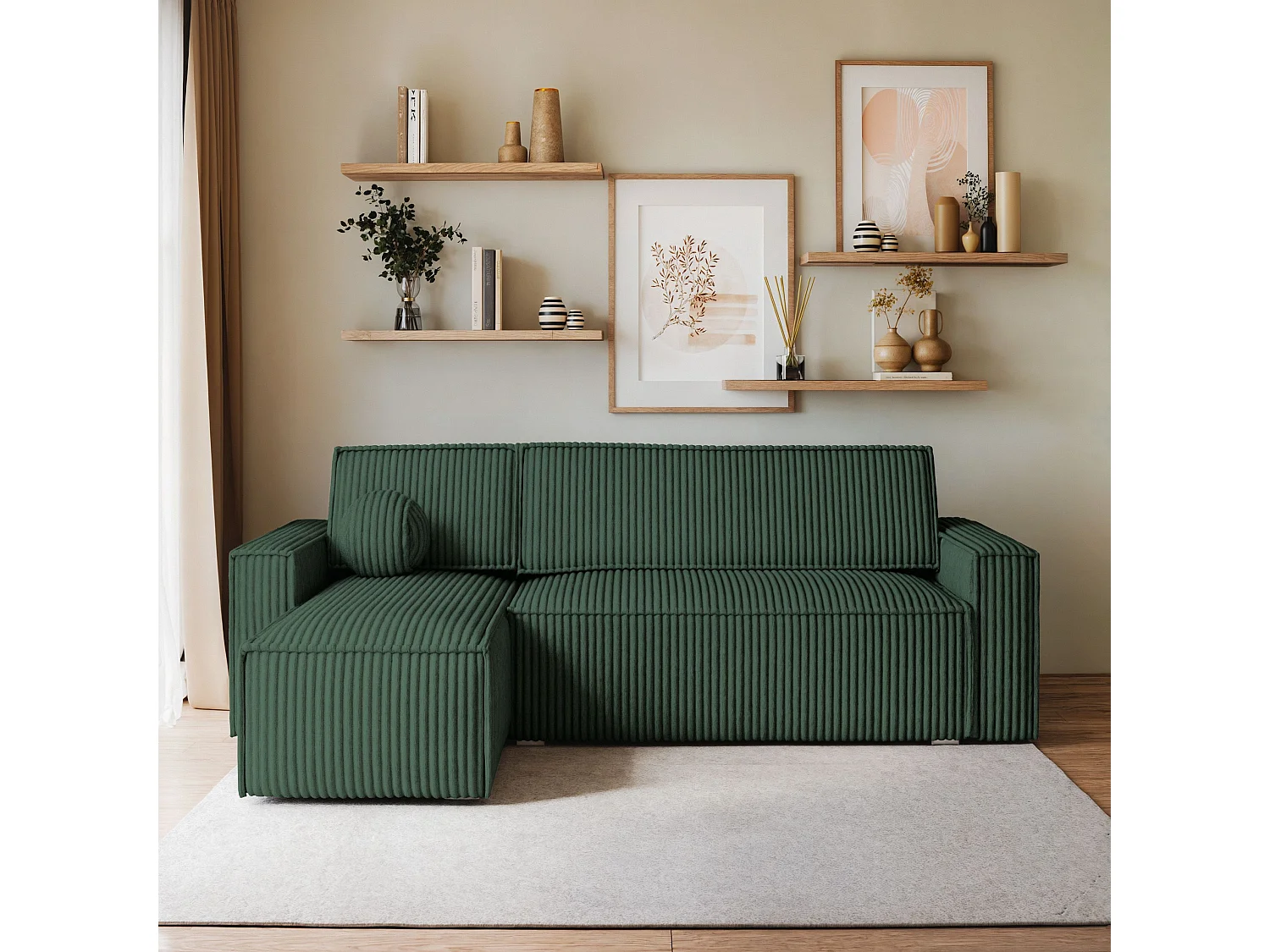 Canapé d'angle RAVELO Vert Sapin en velours côtelé avec fonction de couchage