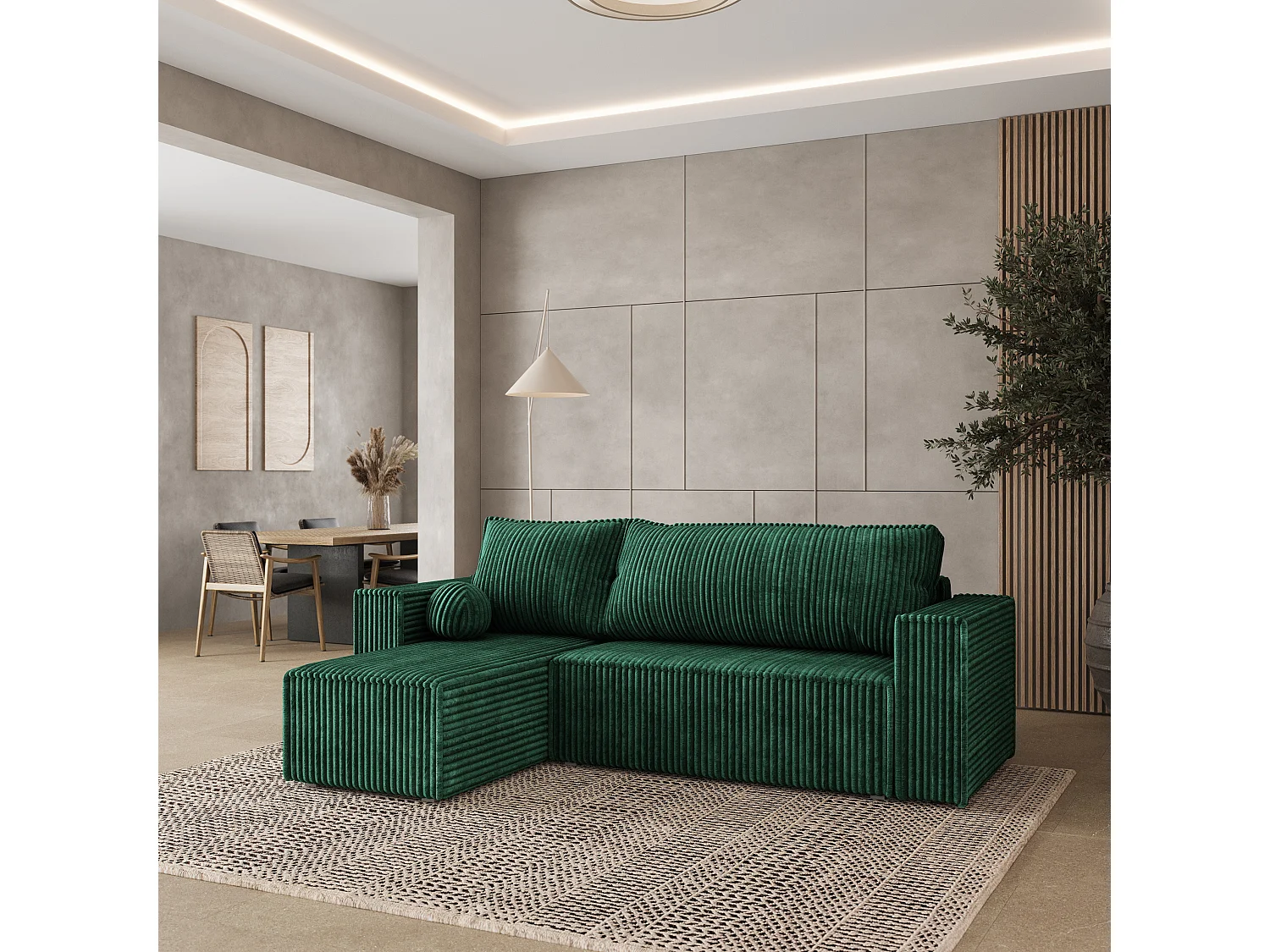 Canapé d'angle RAVELO Vert Sapin en velours côtelé avec fonction de couchage