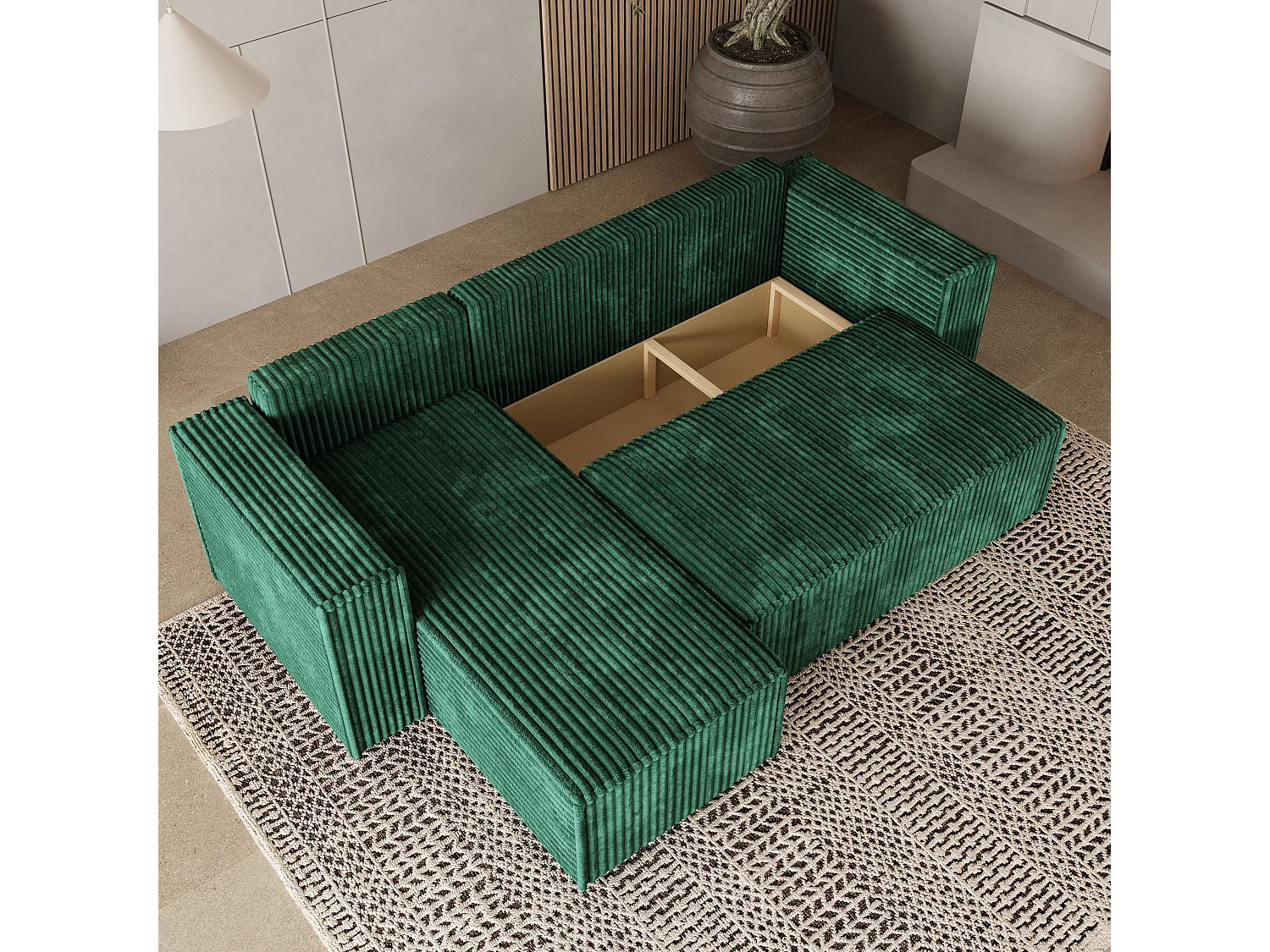 Canapé d'angle RAVELO Vert Sapin en velours côtelé avec fonction de couchage