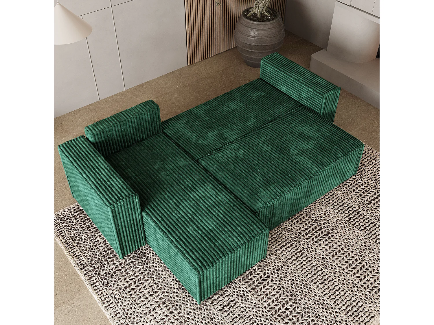 Canapé d'angle RAVELO Vert Sapin en velours côtelé avec fonction de couchage