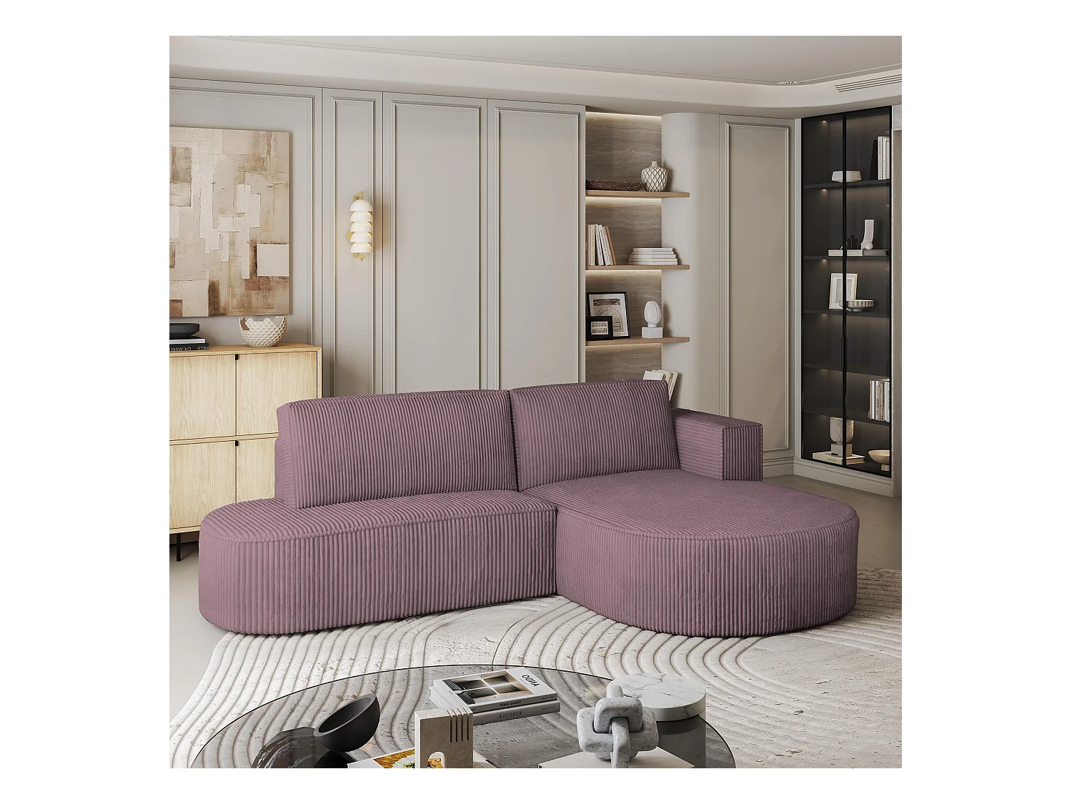 Canapé d'angle CORTIO Parme en velours côtelé avec fonction de couchage