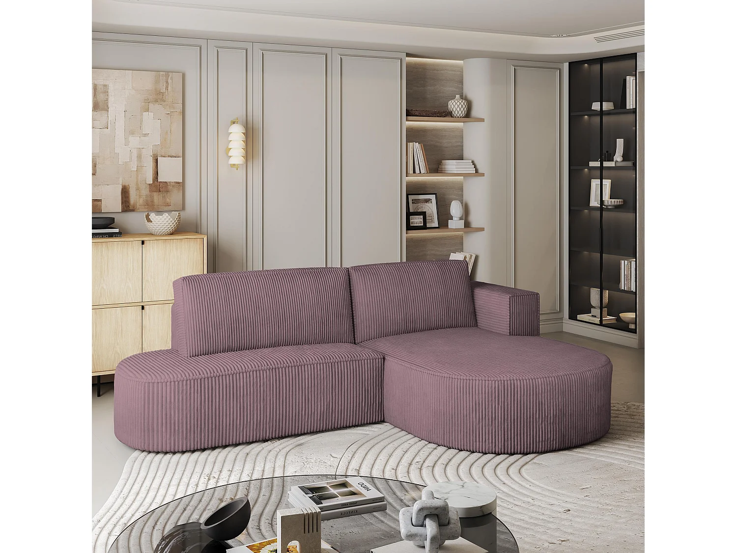 Canapé d'angle CORTIO Parme en velours côtelé avec fonction de couchage