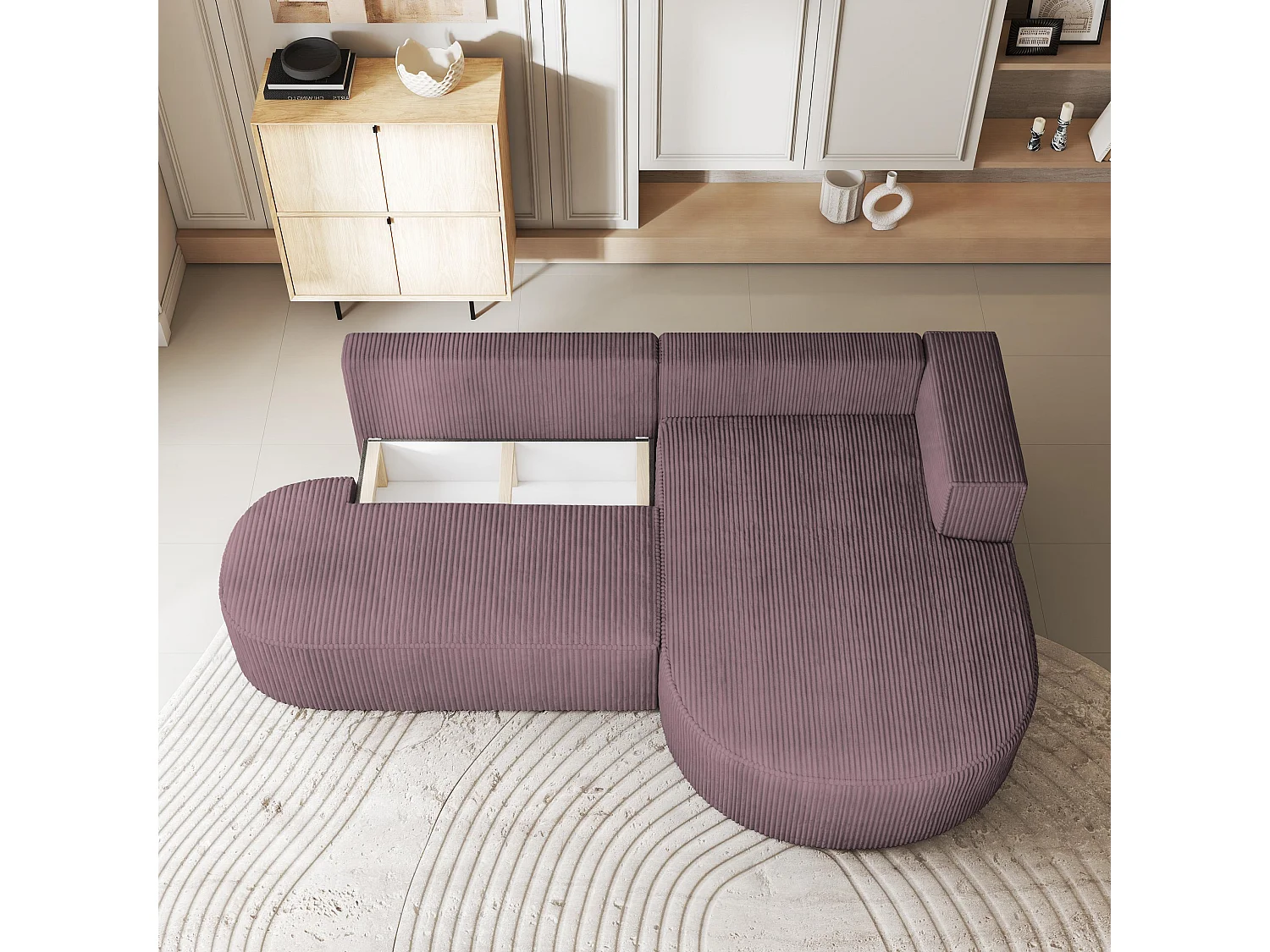 Canapé d'angle CORTIO Parme en velours côtelé avec fonction de couchage