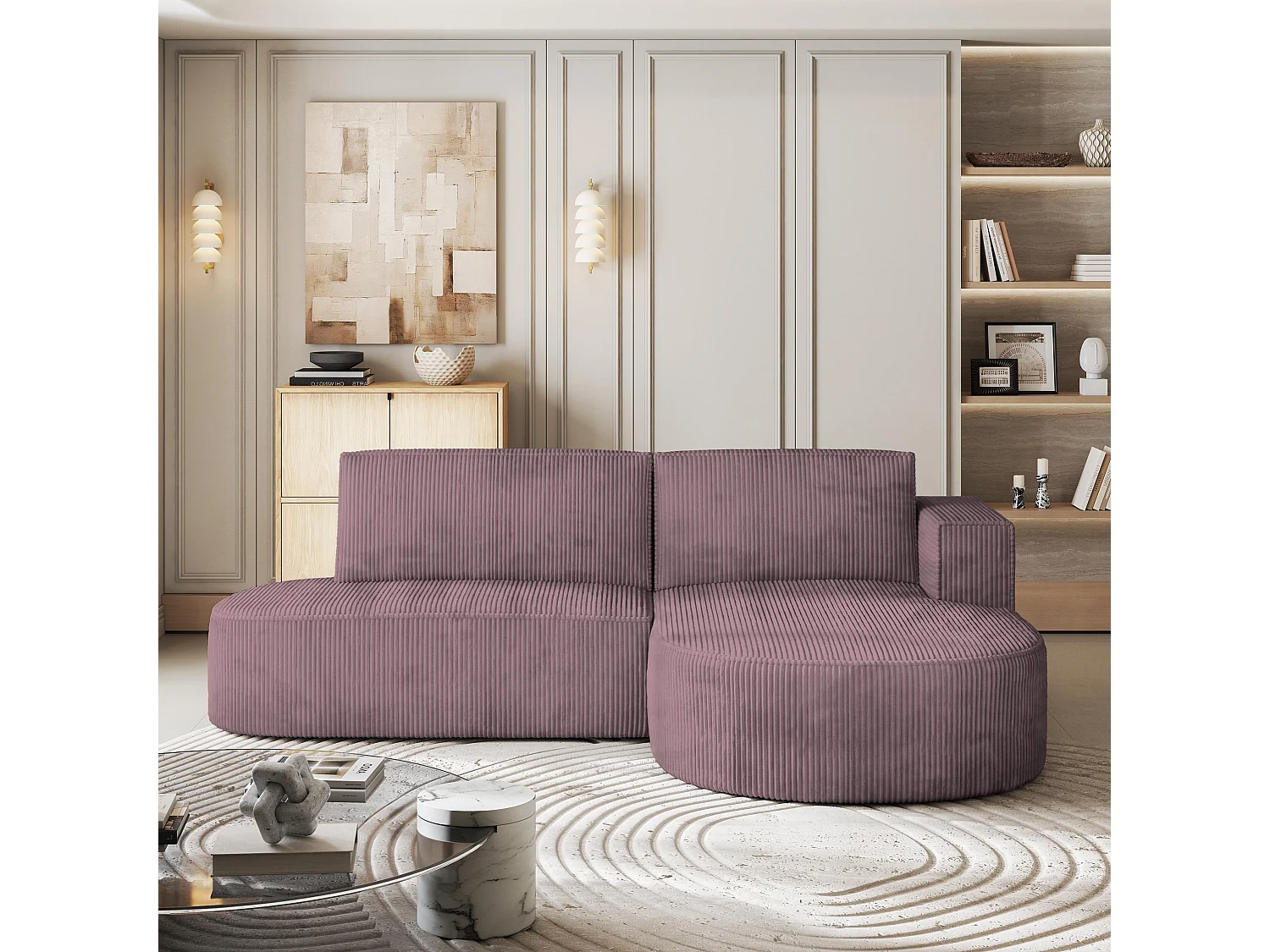 Canapé d'angle CORTIO Parme en velours côtelé avec fonction de couchage