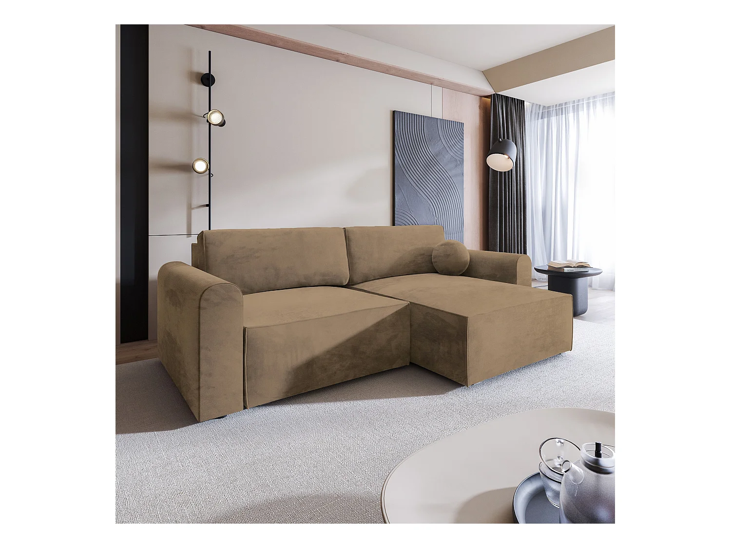 Canapé d'angle FIANO Beige en velours avec fonction de couchage