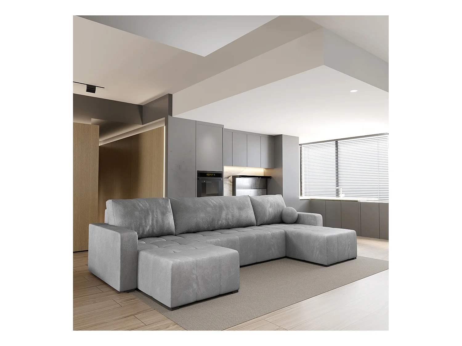 Canapé d'angle TOLARI Gris clair en peluche avec fonction de couchage