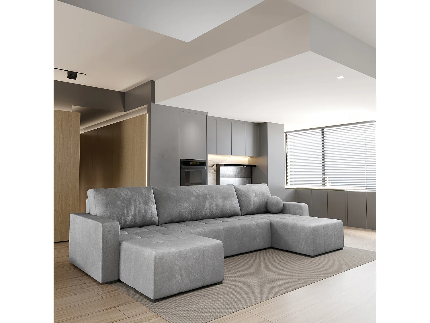 Canapé d'angle TOLARI Gris clair en peluche avec fonction de couchage