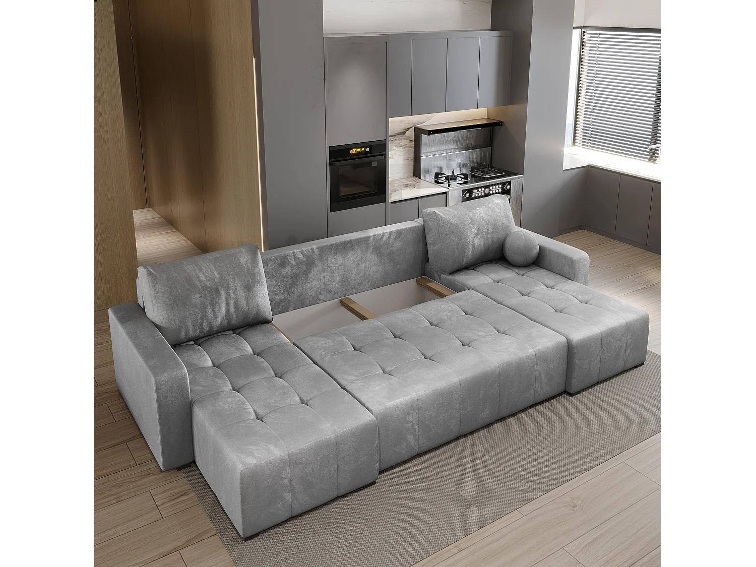 Canapé d'angle TOLARI Gris clair en peluche avec fonction de couchage