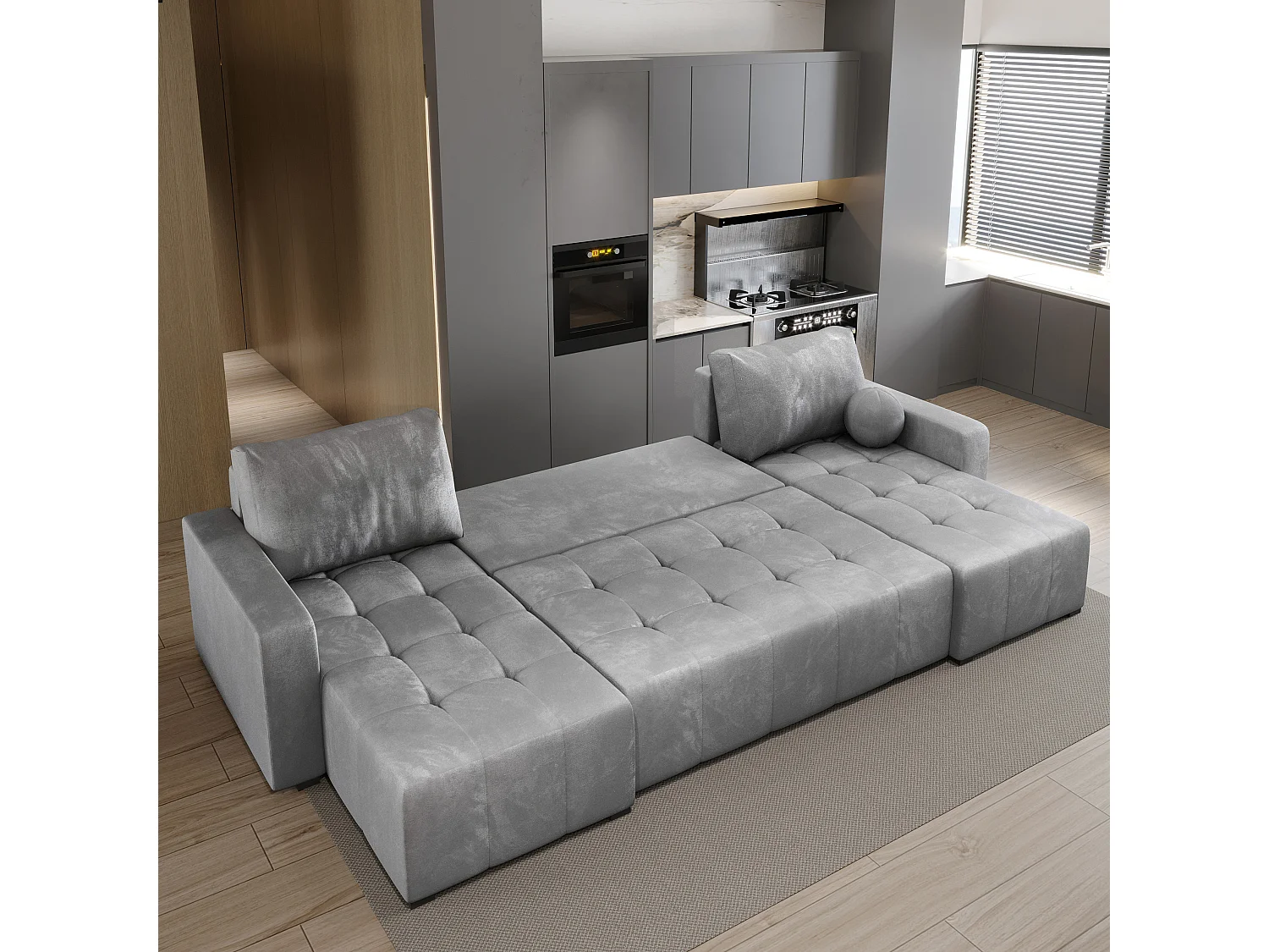 Canapé d'angle TOLARI Gris clair en peluche avec fonction de couchage