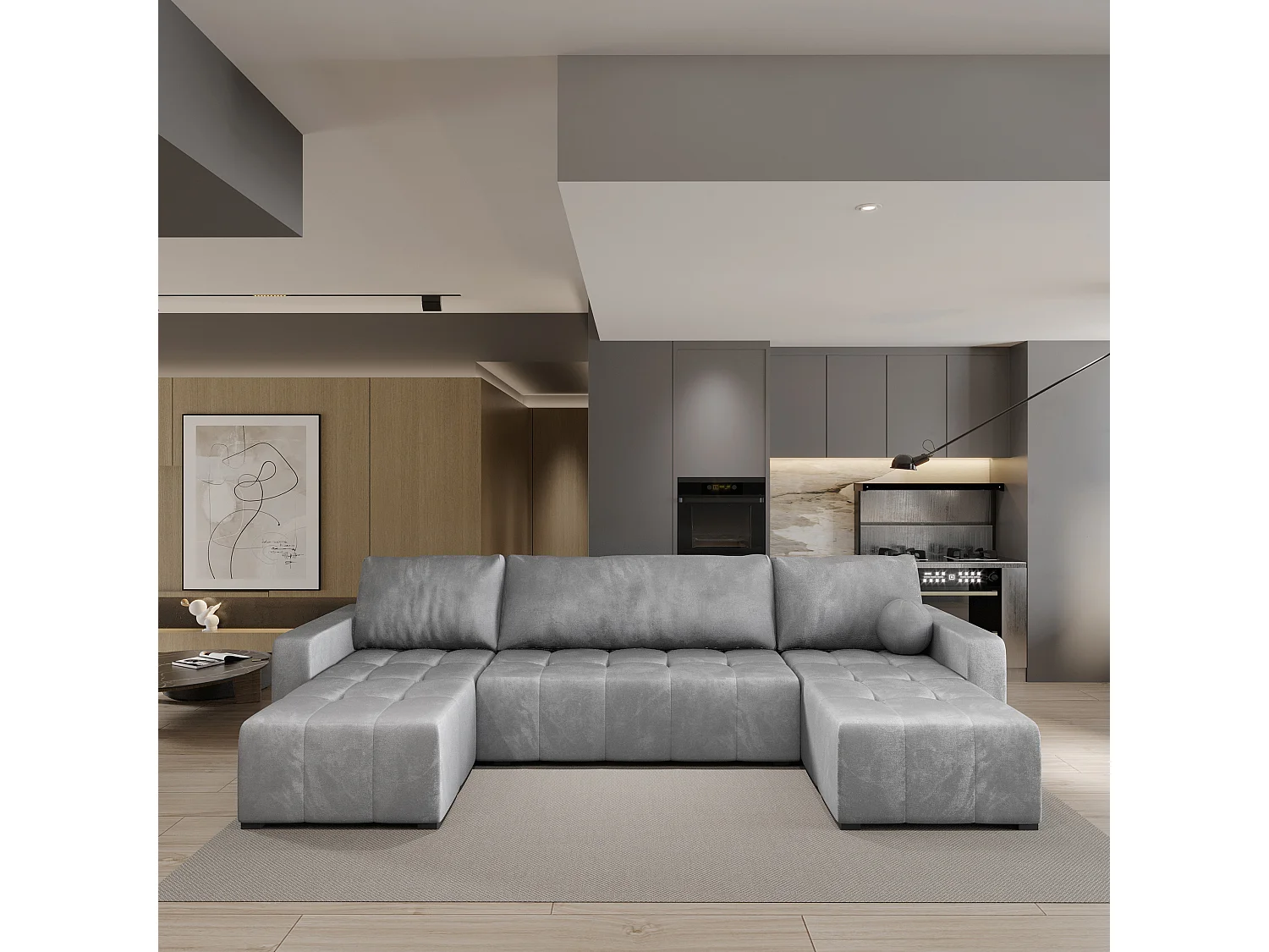 Canapé d'angle TOLARI Gris clair en peluche avec fonction de couchage