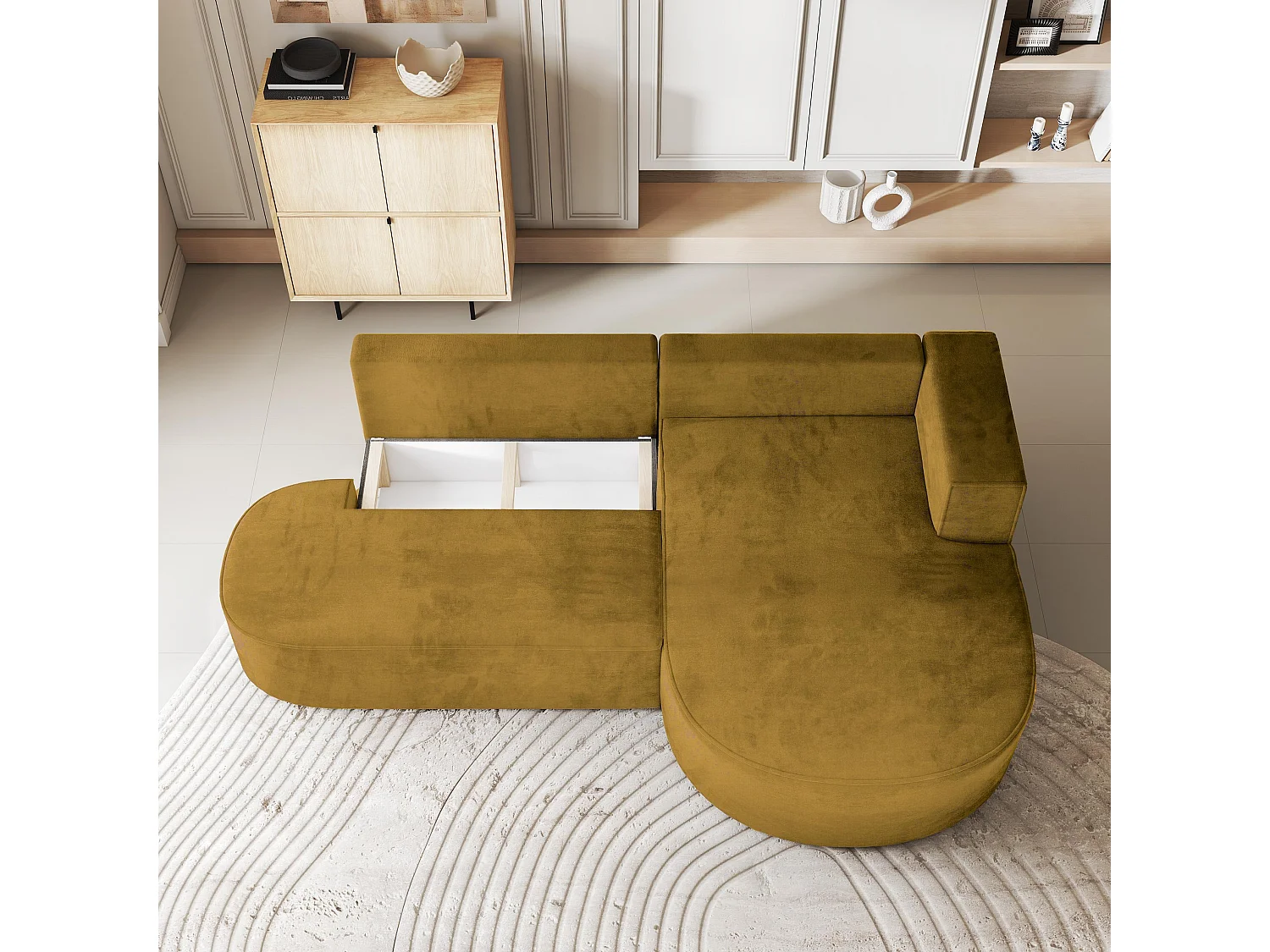 Canapé d'angle CORTIO Jaune en velours avec fonction de couchage