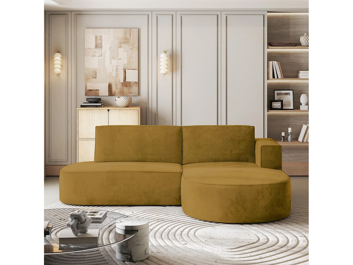 Canapé d'angle CORTIO Jaune en velours avec fonction de couchage