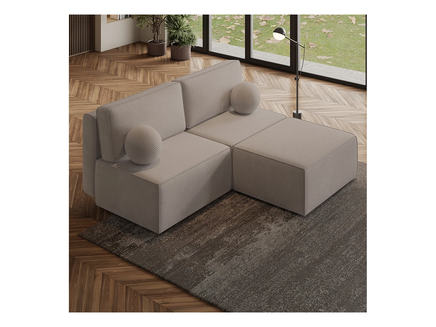 Canapé d'angle VARNA Beige en velours côtelé avec fonction de couchage