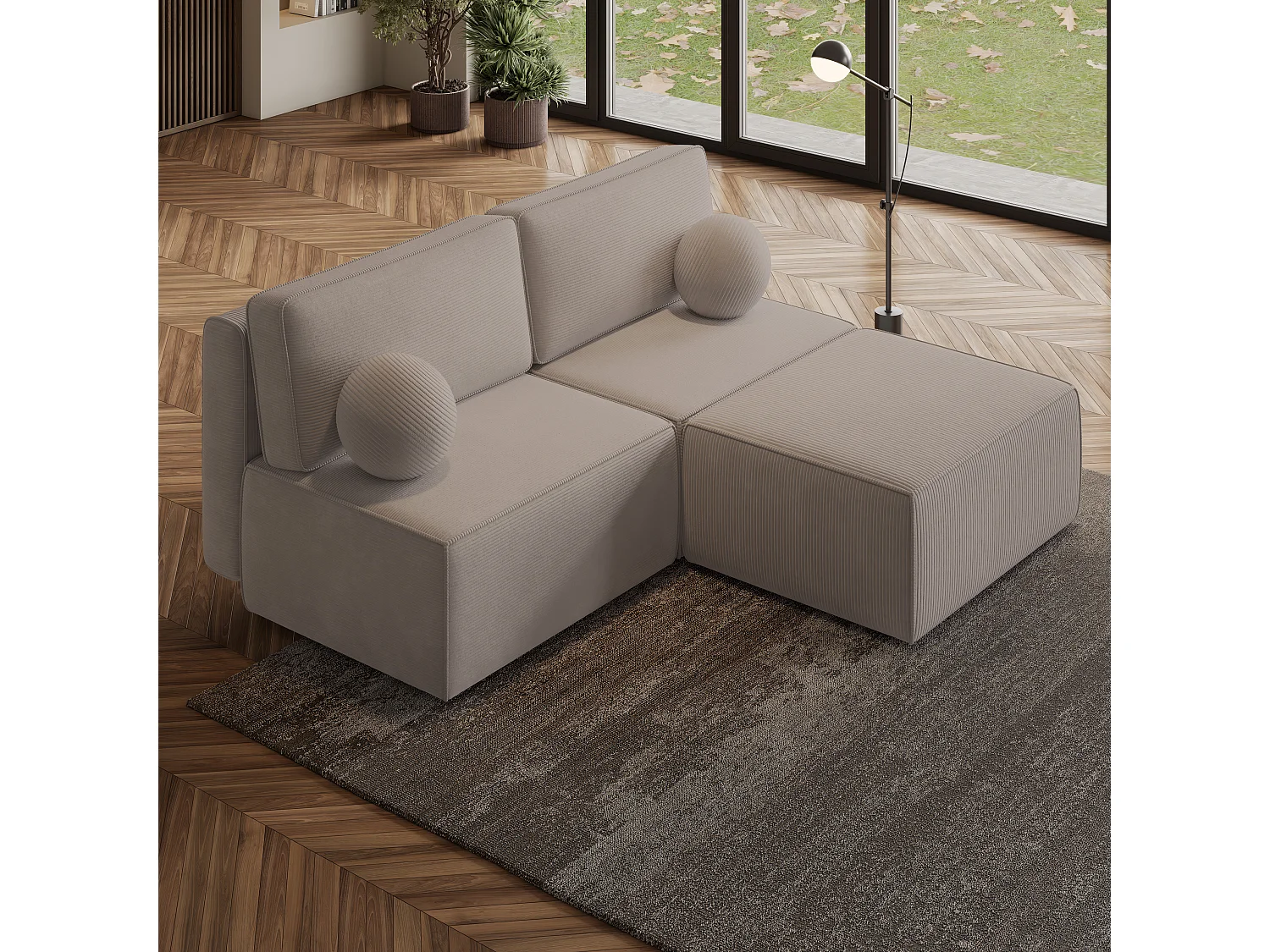Canapé d'angle VARNA Beige en velours côtelé avec fonction de couchage