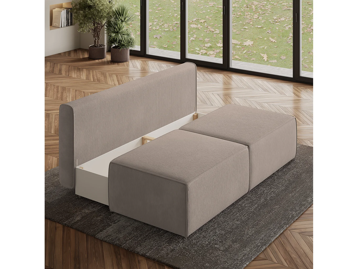 Canapé d'angle VARNA Beige en velours côtelé avec fonction de couchage