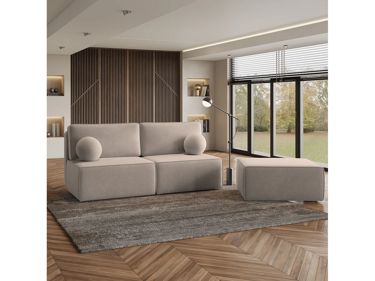 Canapé d'angle VARNA Beige en velours côtelé avec fonction de couchage