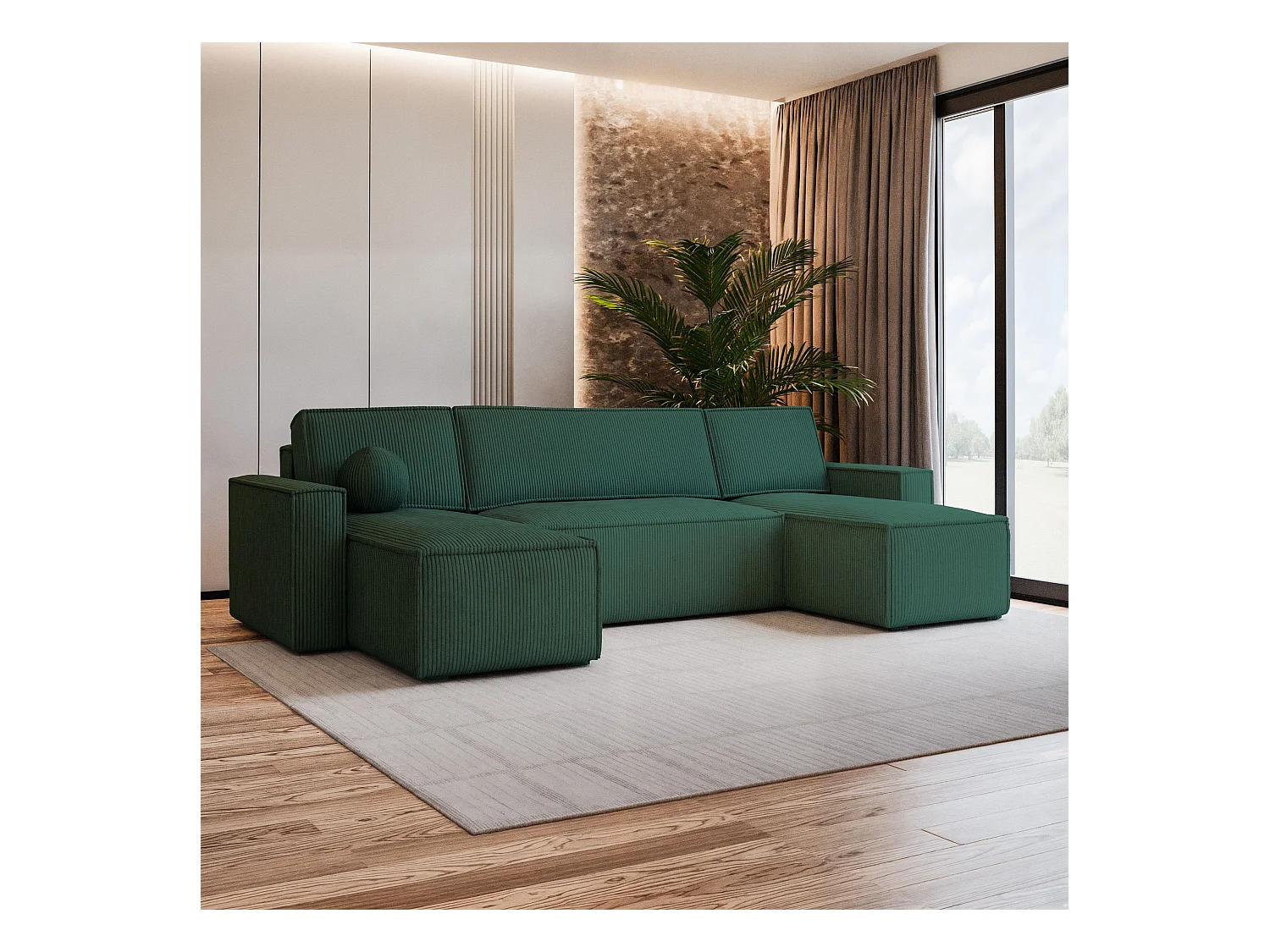 Canapé d'angle PESANO Vert en velours côtelé avec fonction de couchage