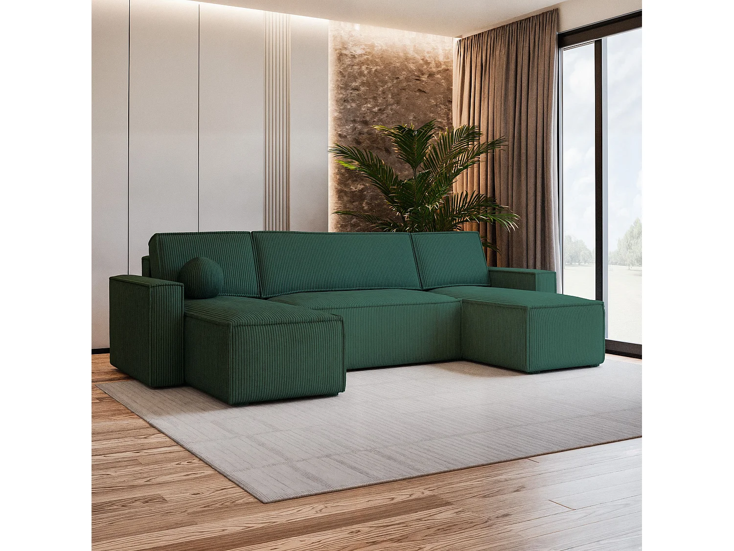 Canapé d'angle PESANO Vert en velours côtelé avec fonction de couchage