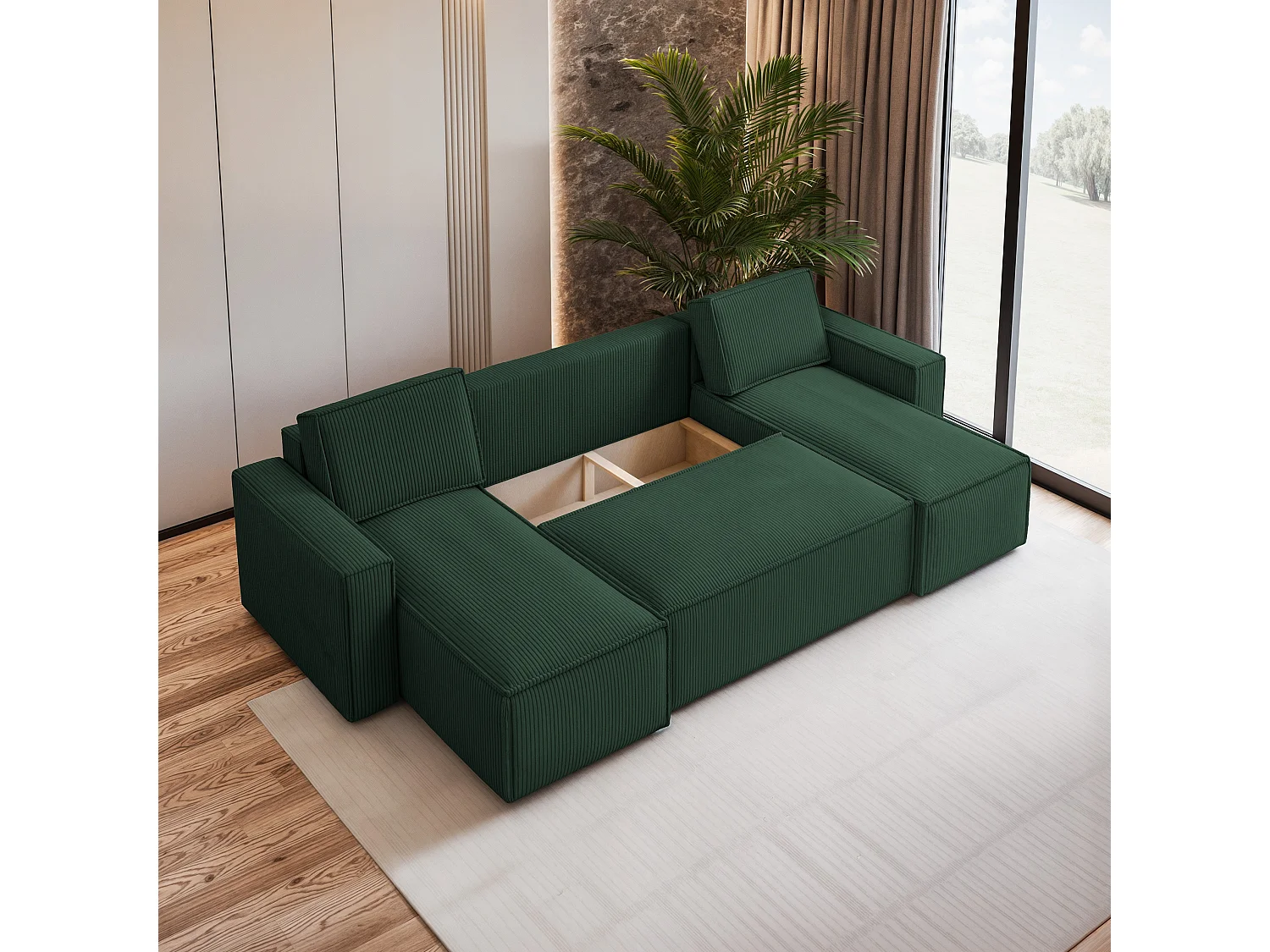 Canapé d'angle PESANO Vert en velours côtelé avec fonction de couchage