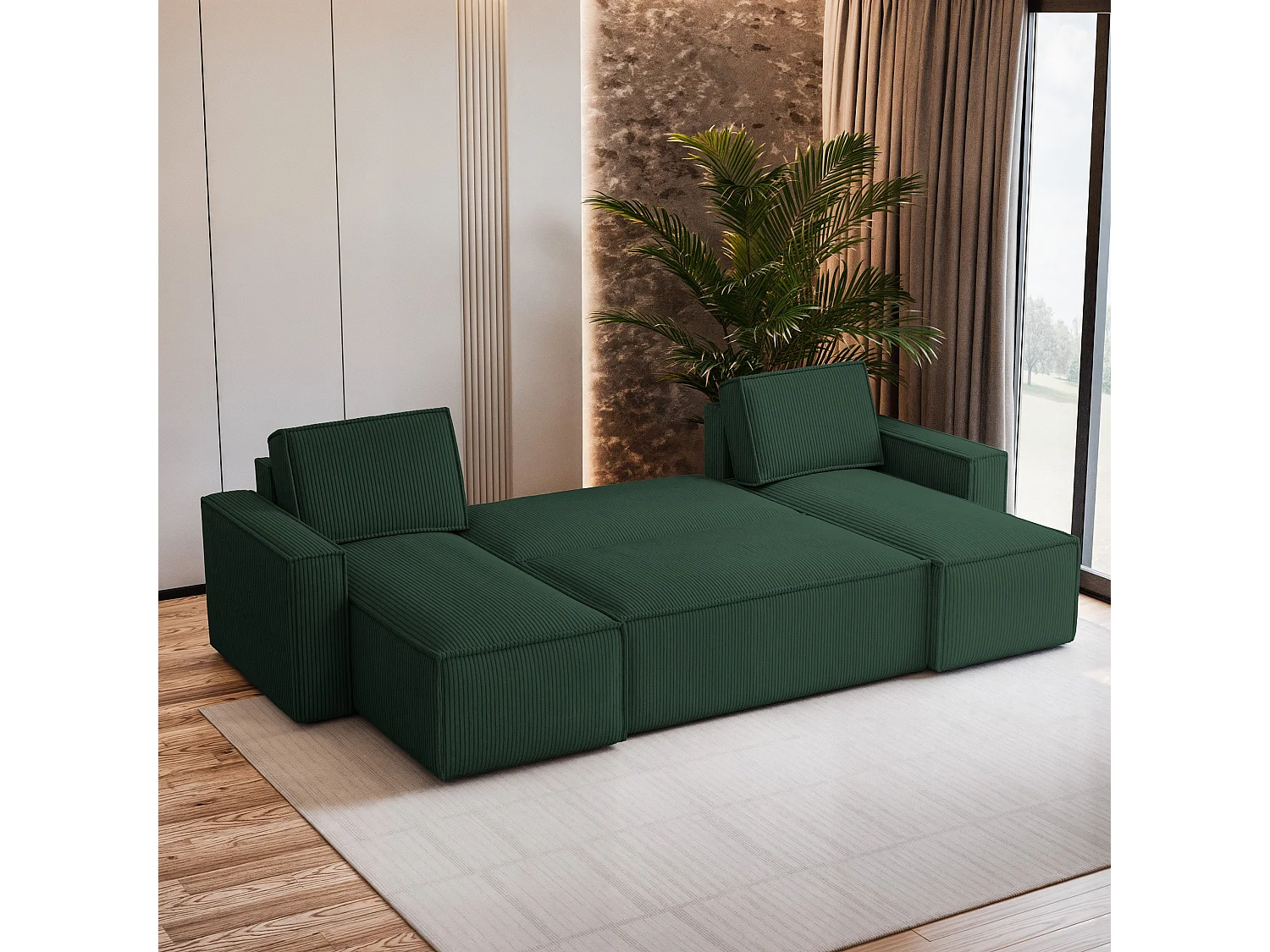 Canapé d'angle PESANO Vert en velours côtelé avec fonction de couchage