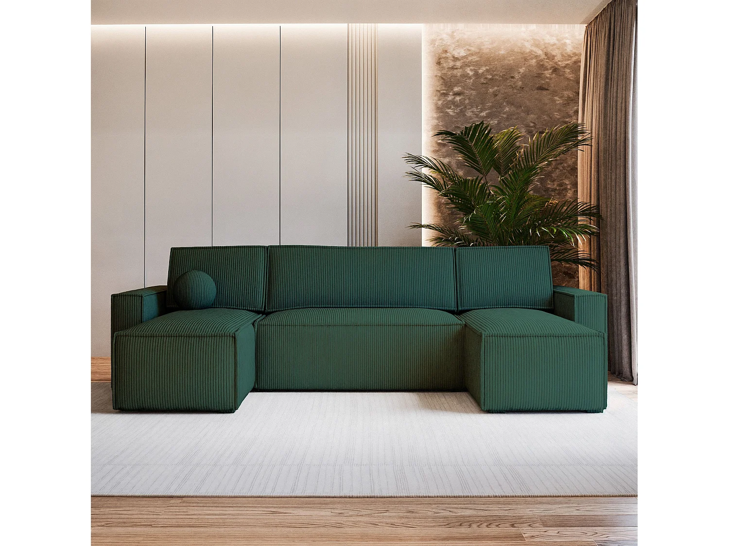 Canapé d'angle PESANO Vert en velours côtelé avec fonction de couchage