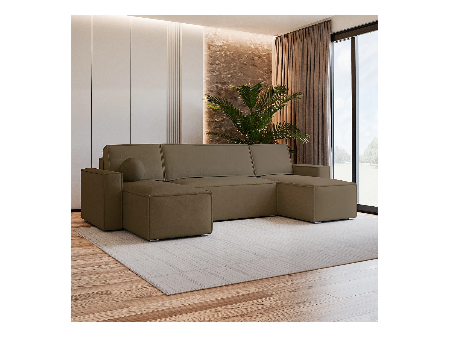 Canapé d'angle PESANO Beige en velours avec fonction de couchage